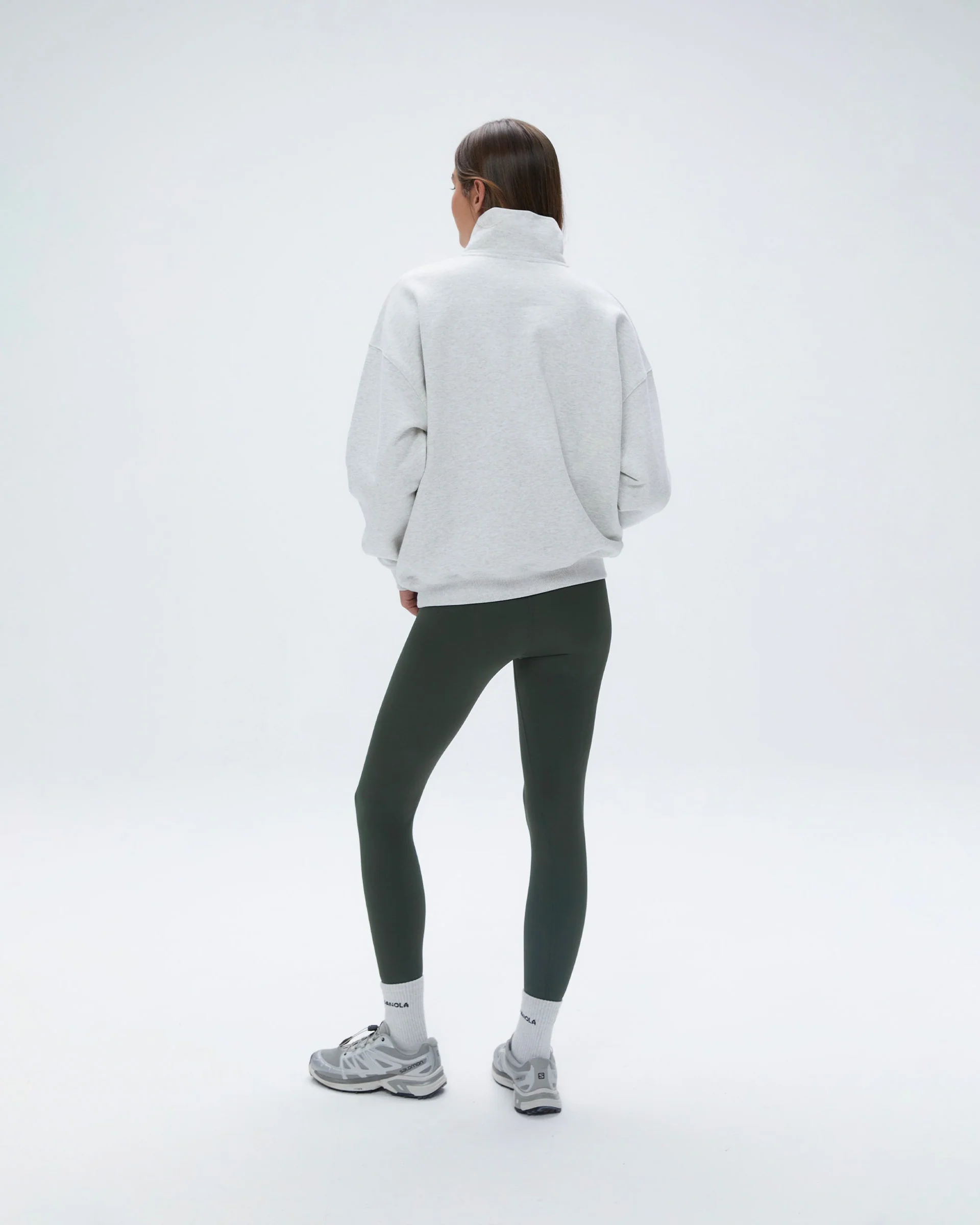 "A" Oversized Funnel Neck Zip Sweatshirt - Light Grey Melange/Dark Olive - Image 3