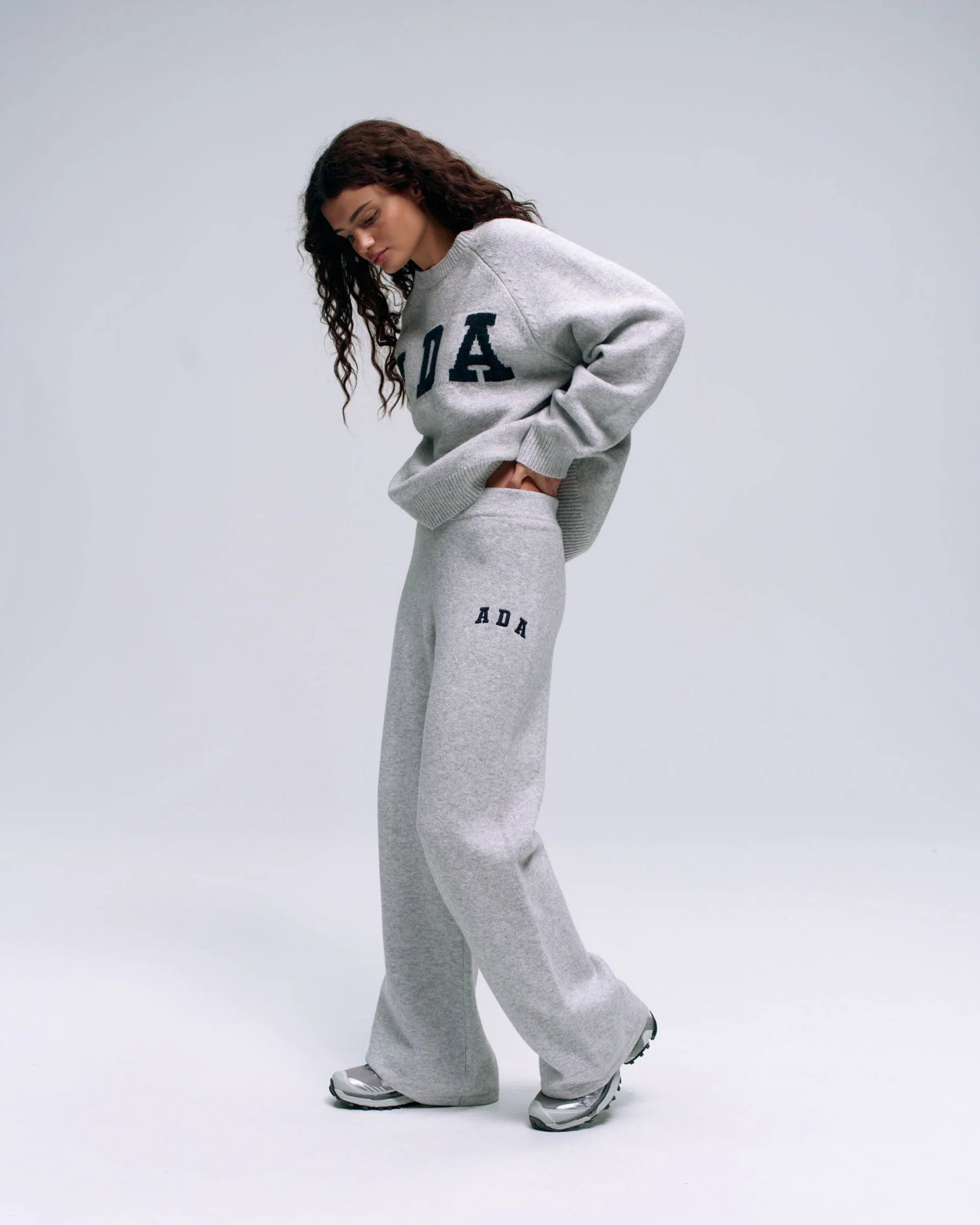 ADA Knit Straight Leg Sweatpants - Light Grey Melange/Navy Blue - Image 4