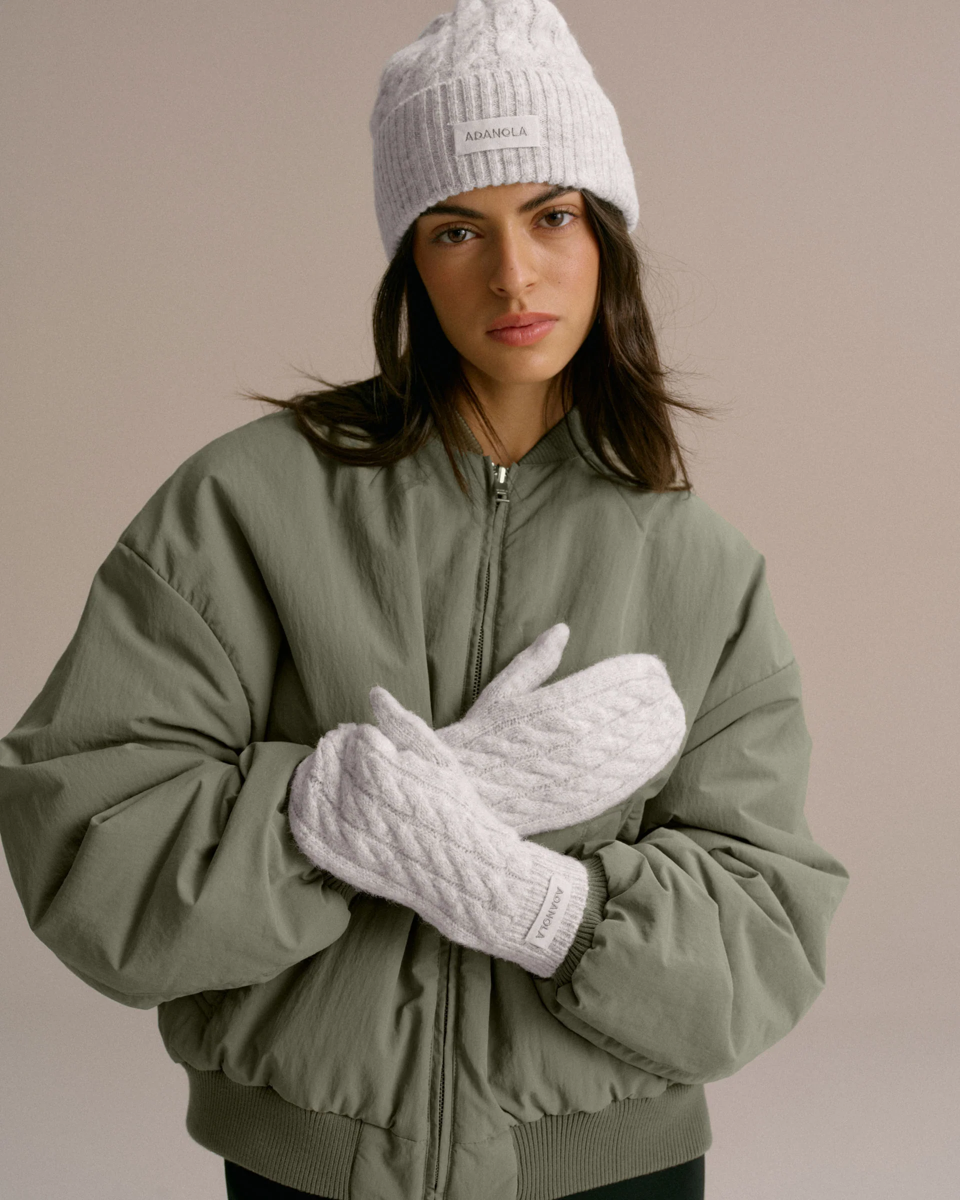 Cable Knit Mittens - Light Grey Melange - Image 2