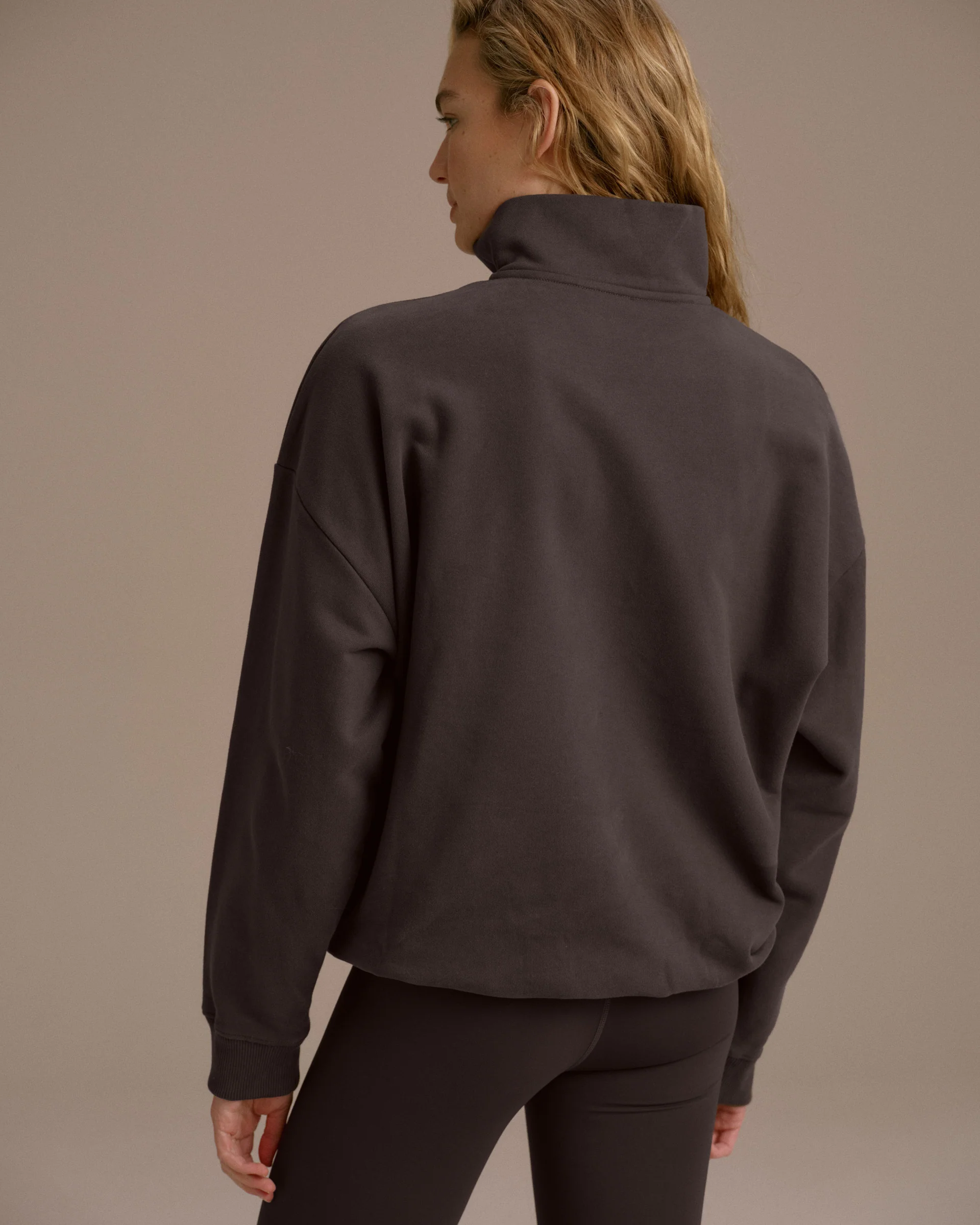 Campus Oversized Funnel Neck Zip Sweatshirt - Washed Coffee Bean/Marshmallow White - Image 3