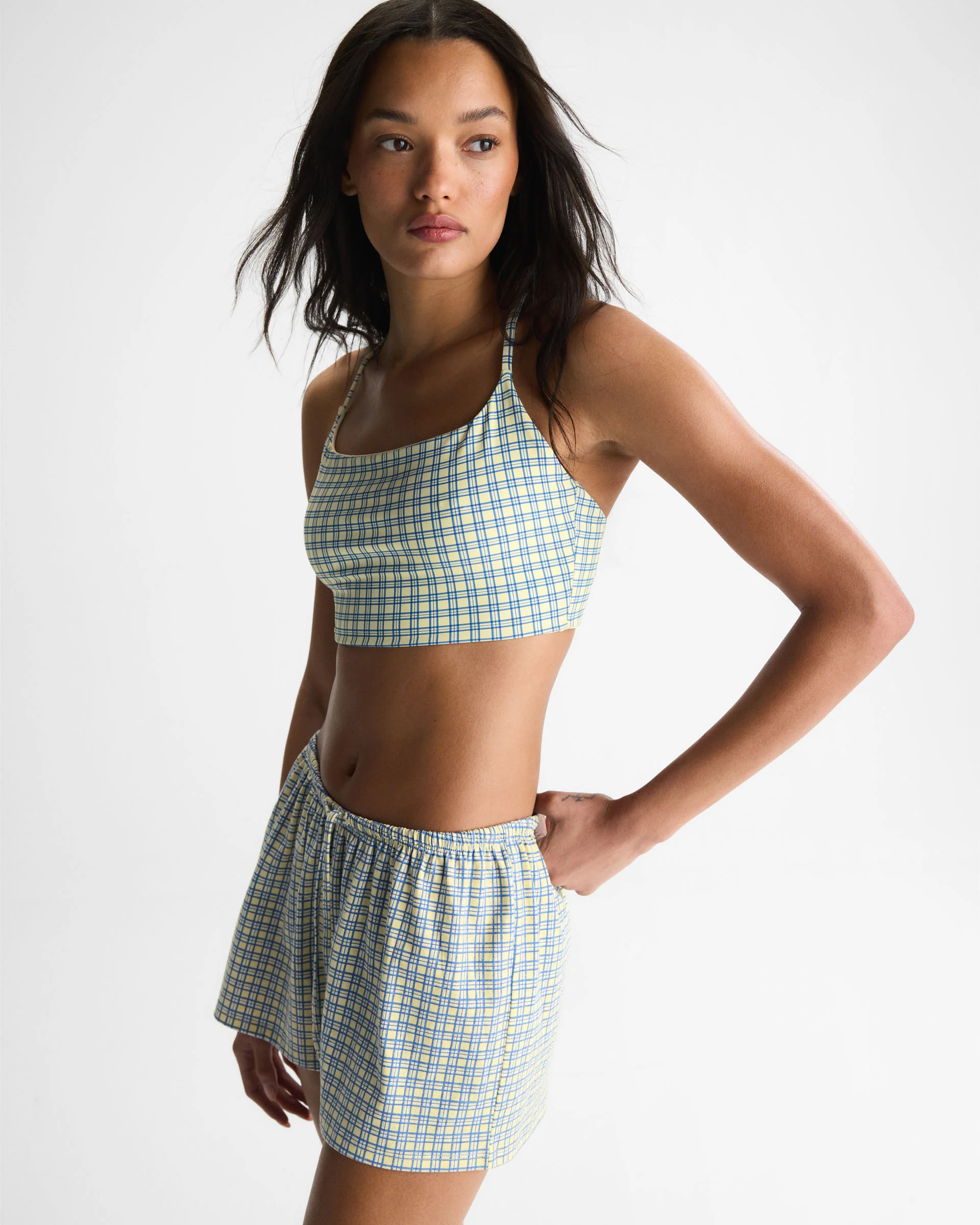 Checked Slub Lounge Shorts - Buttercream - Image 2