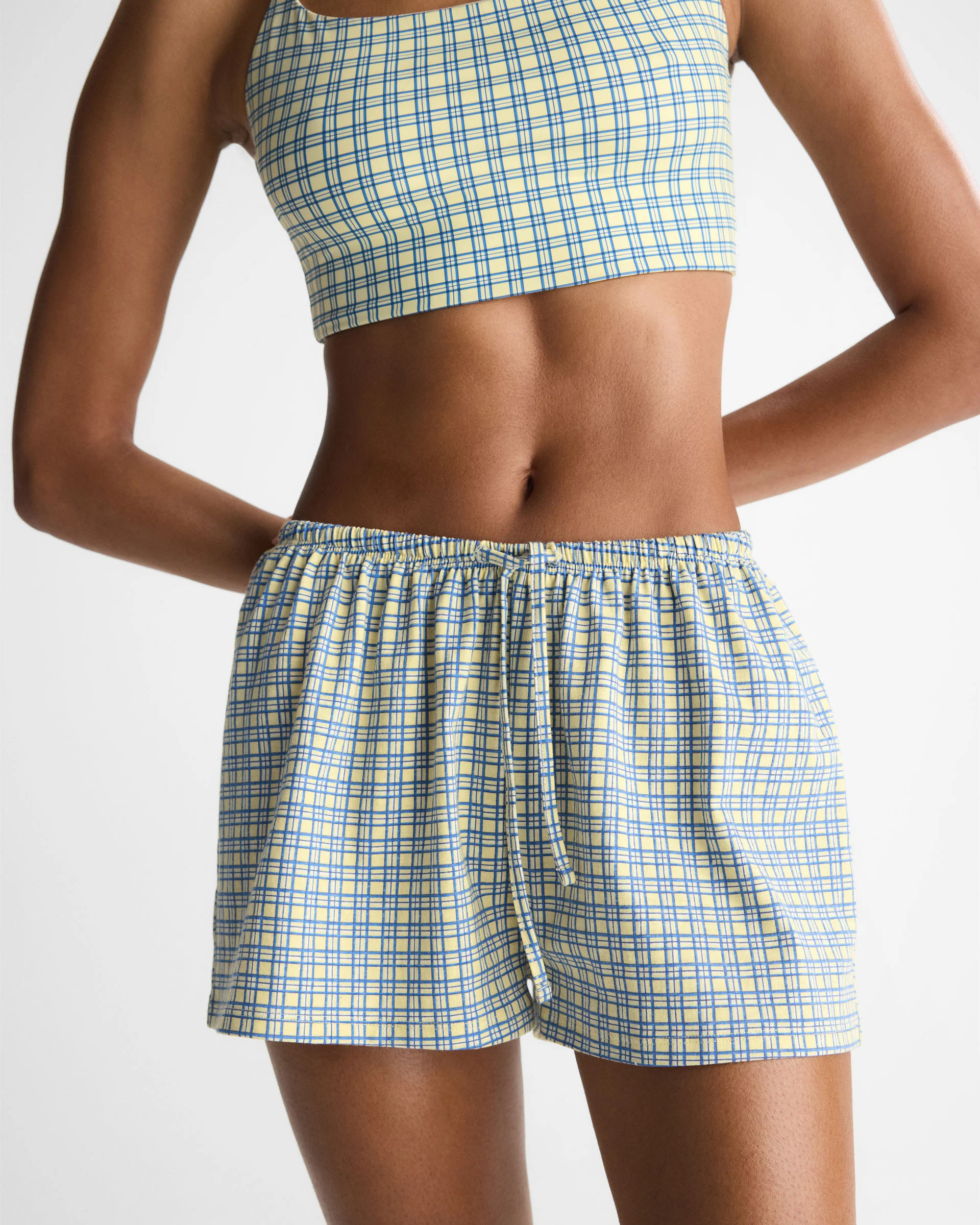 Checked Slub Lounge Shorts - Buttercream - Image 4