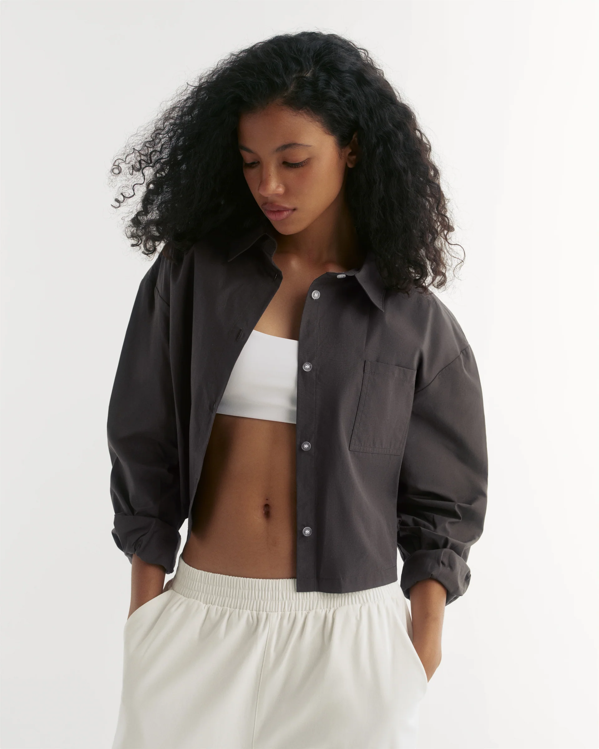 Cotton Cropped Shirt - Coffee Bean - Image 3