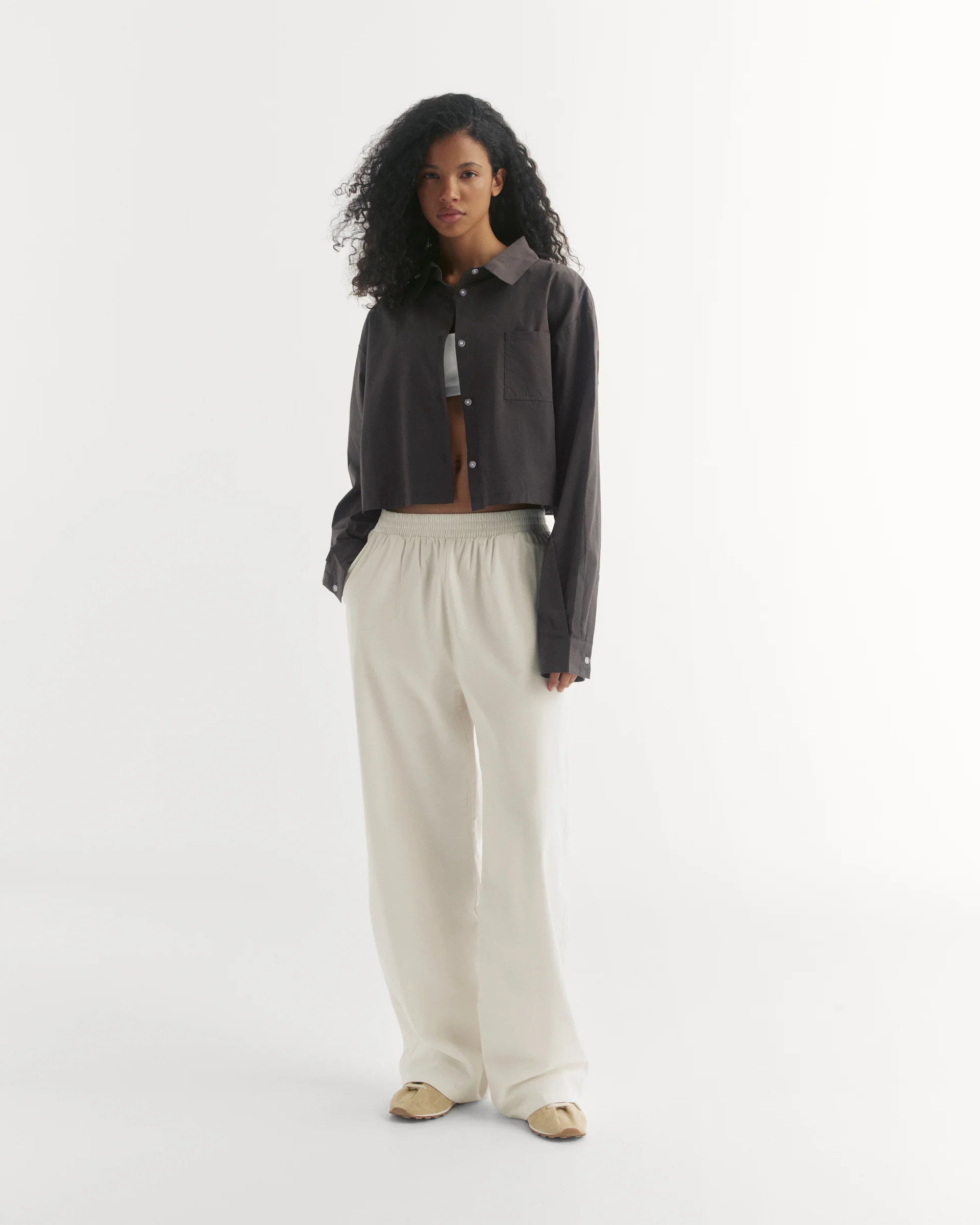 Cotton Cropped Shirt - Coffee Bean - Image 4