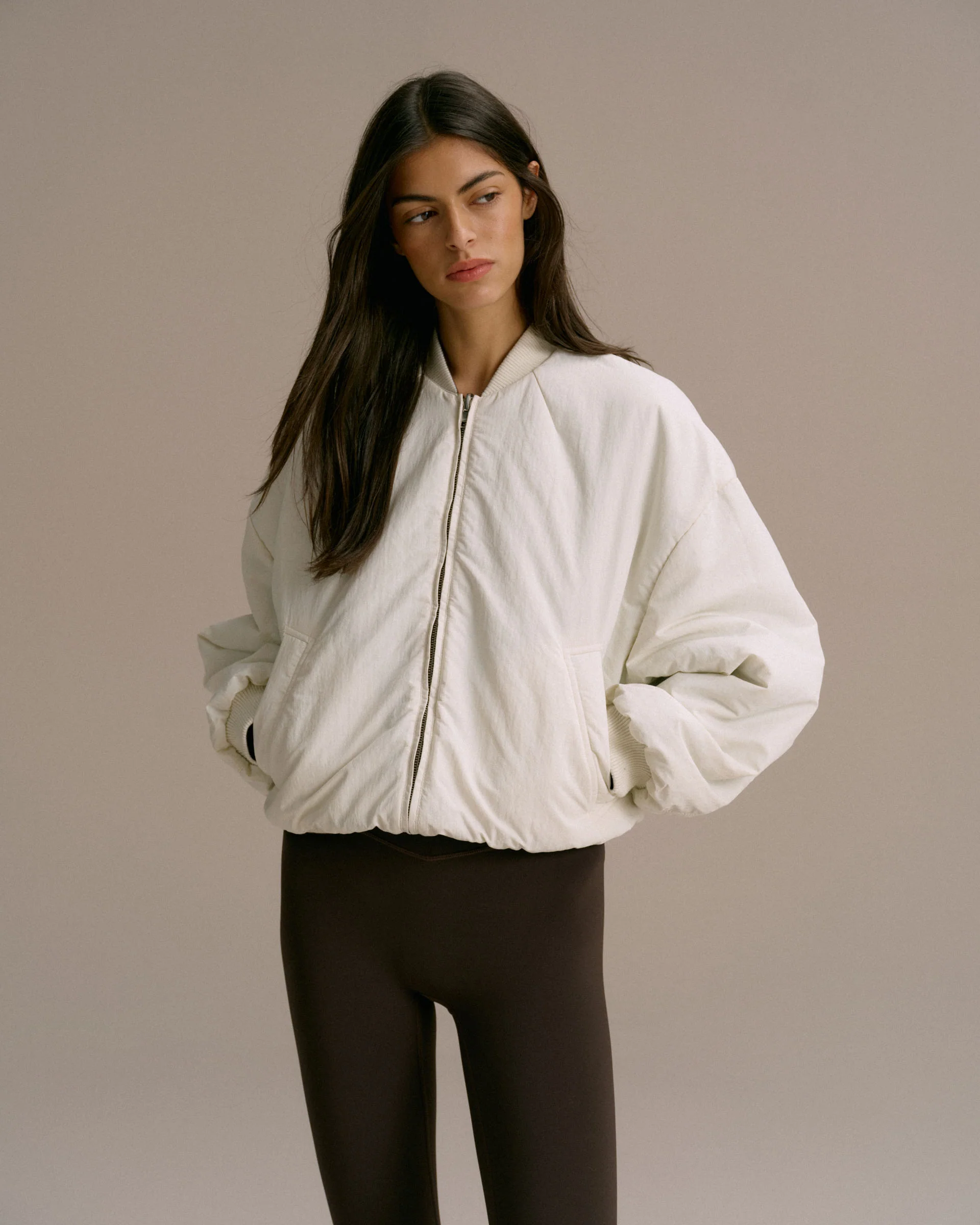 Drop Shoulder Reversible Bomber Jacket - Coffee Bean/Marshmallow White - Image 4
