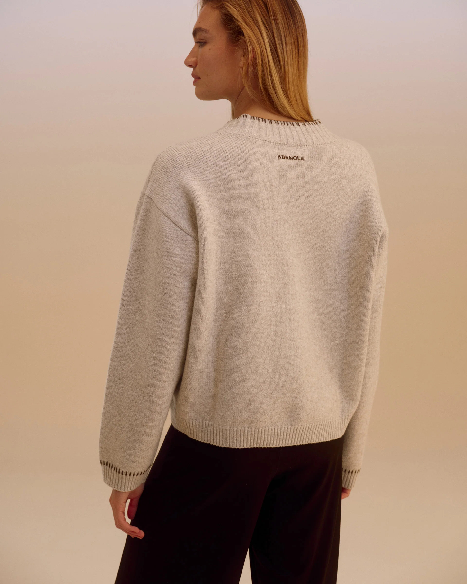 Knit Blanket Stitch Cardigan - Light Grey Melange - Image 2