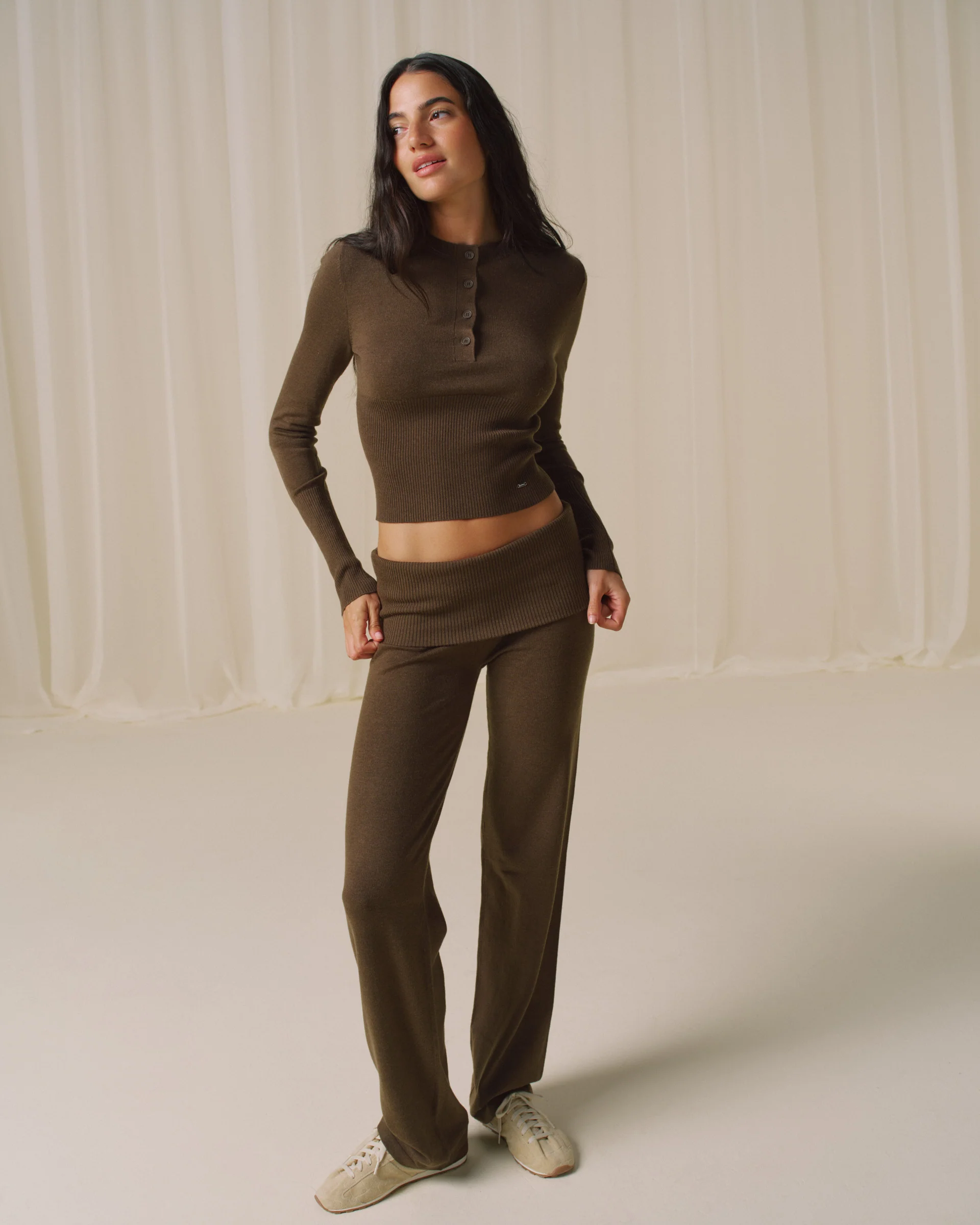 Knit Button Up Top - Dark Mocha Brown - Image 4