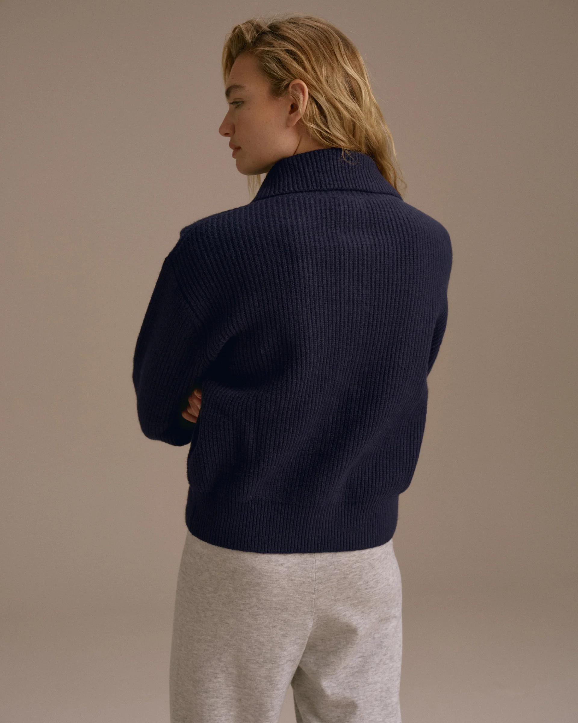 Knit Collar Cardigan - Navy Blue - Image 2
