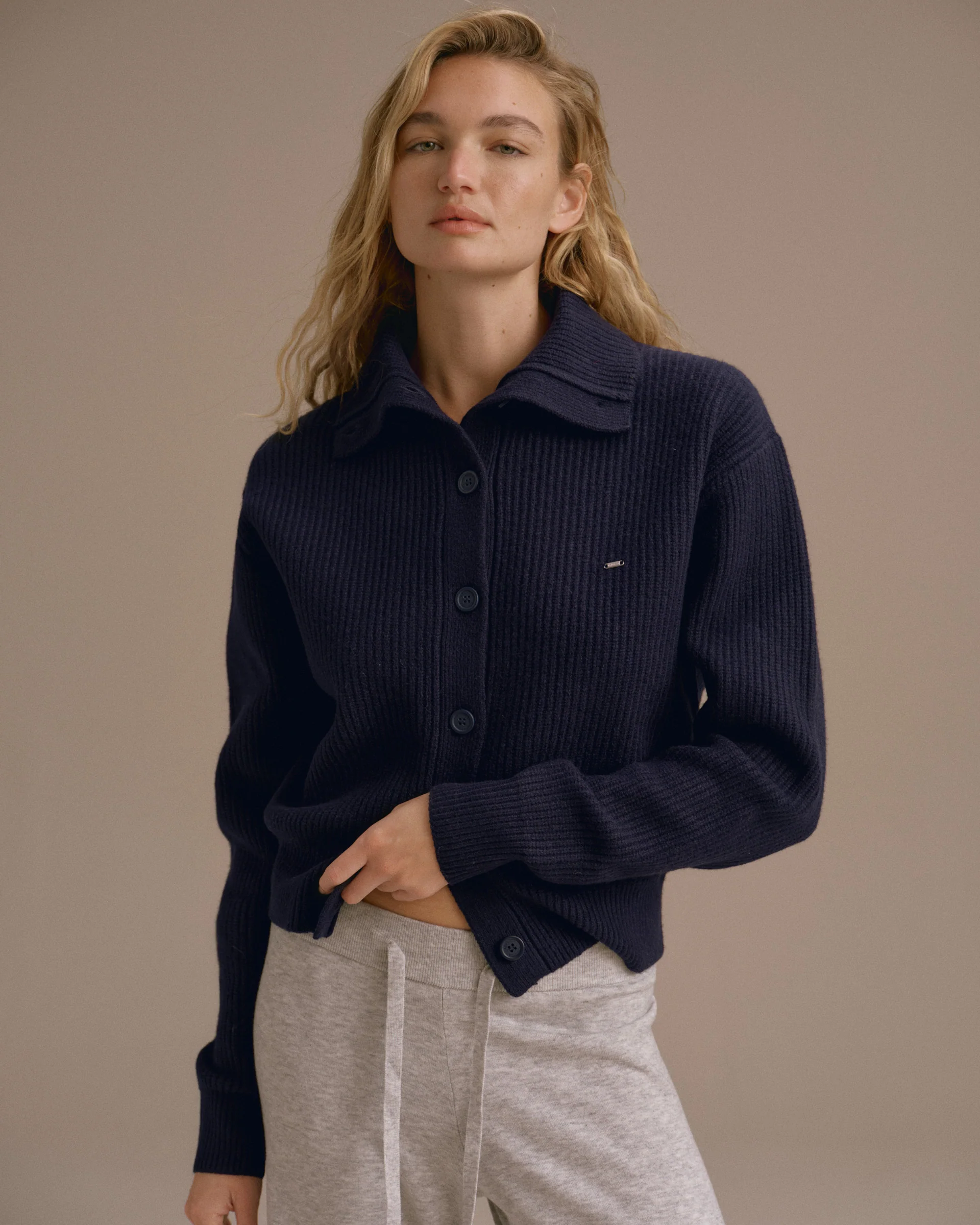 Knit Collar Cardigan - Navy Blue - Image 4