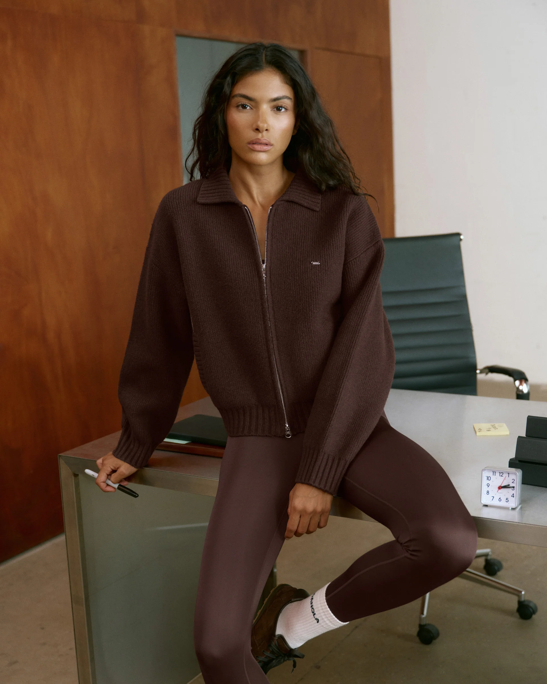 Knit Collared Bomber Jacket - Chocolate Brown - Image 2