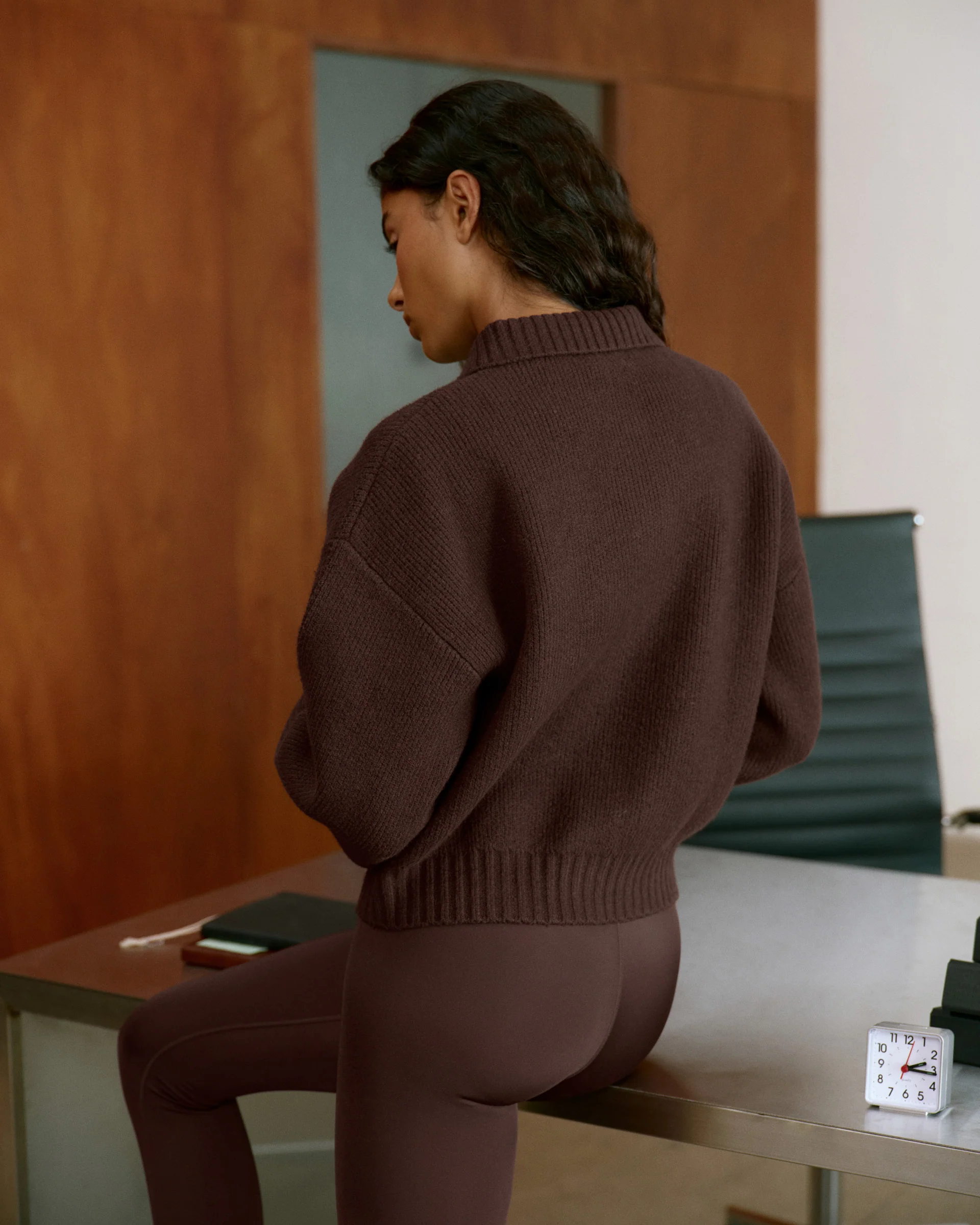 Knit Collared Bomber Jacket - Chocolate Brown - Image 3