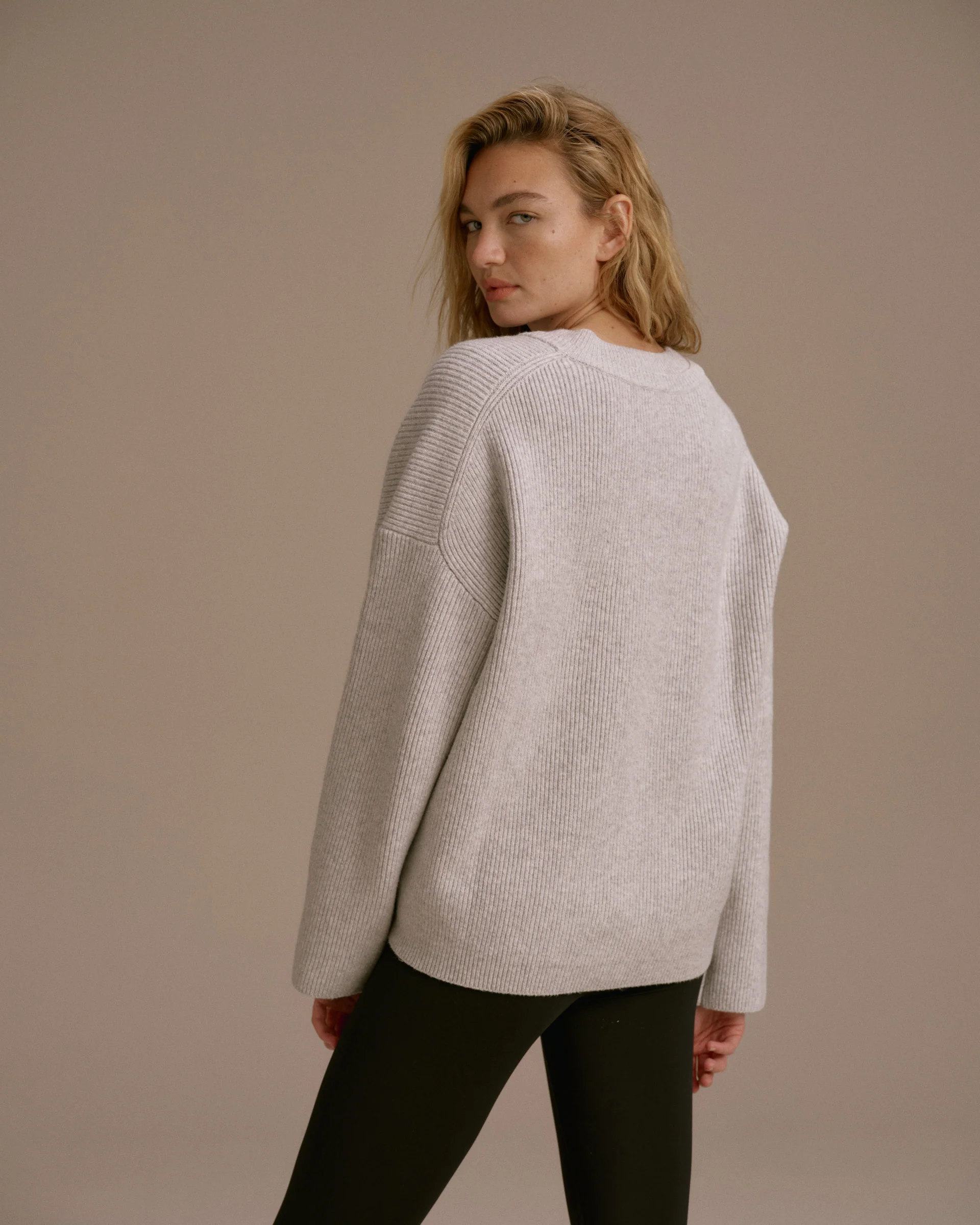 Knit Double V Neck Sweatshirt - Light Grey Melange - Image 2