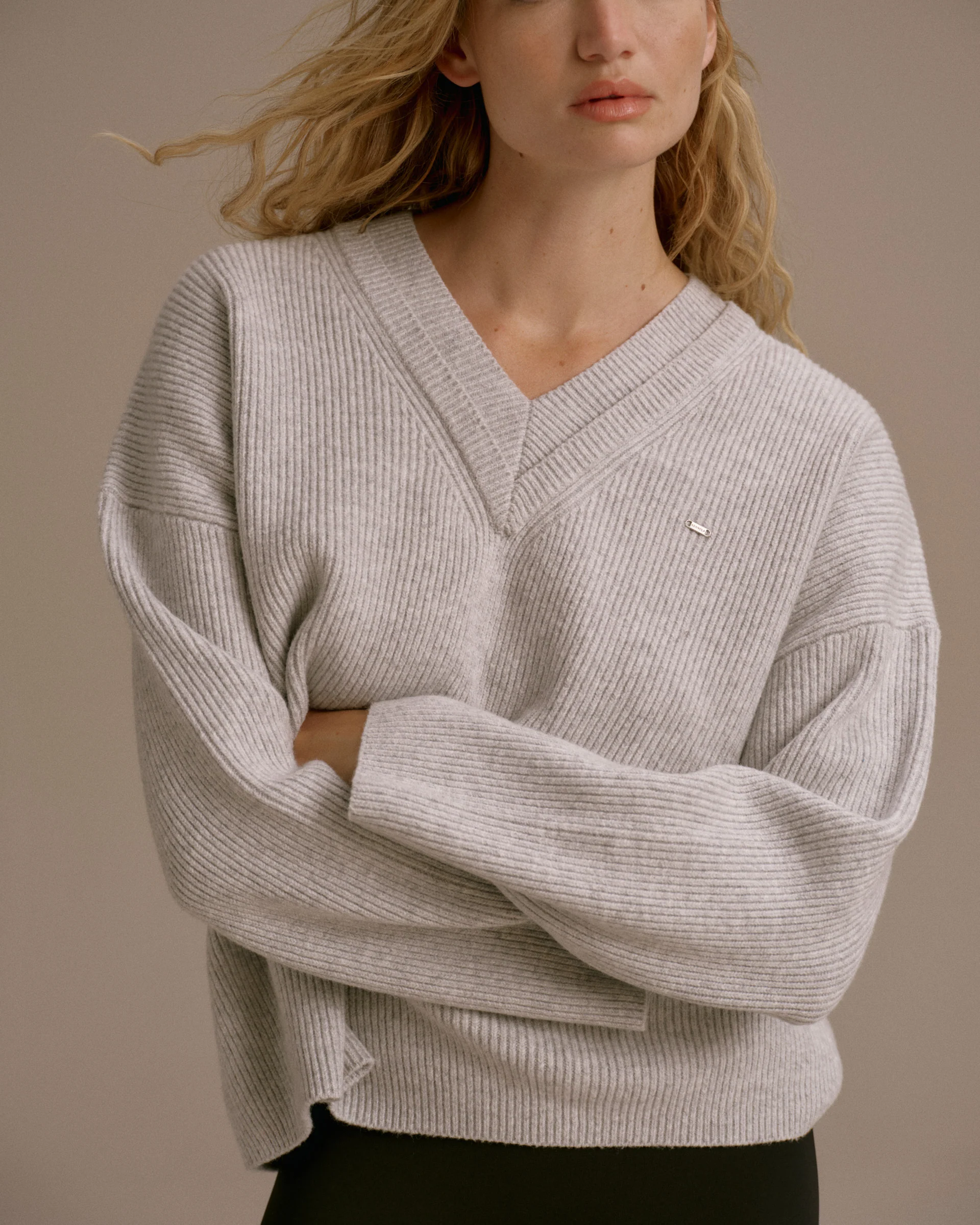Knit Double V Neck Sweatshirt - Light Grey Melange - Image 3