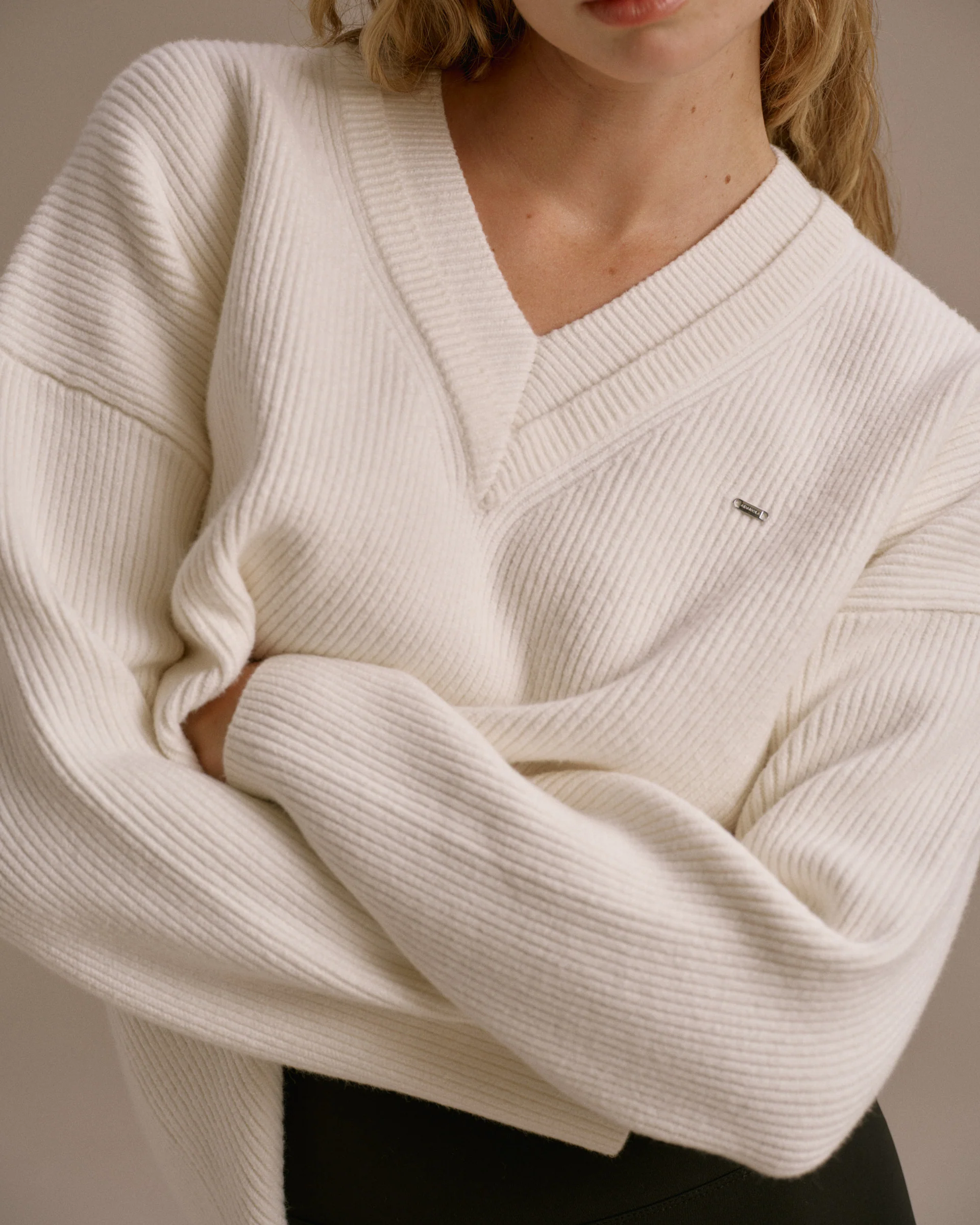 Knit Double V Neck Sweatshirt - Marshmallow White - Image 3