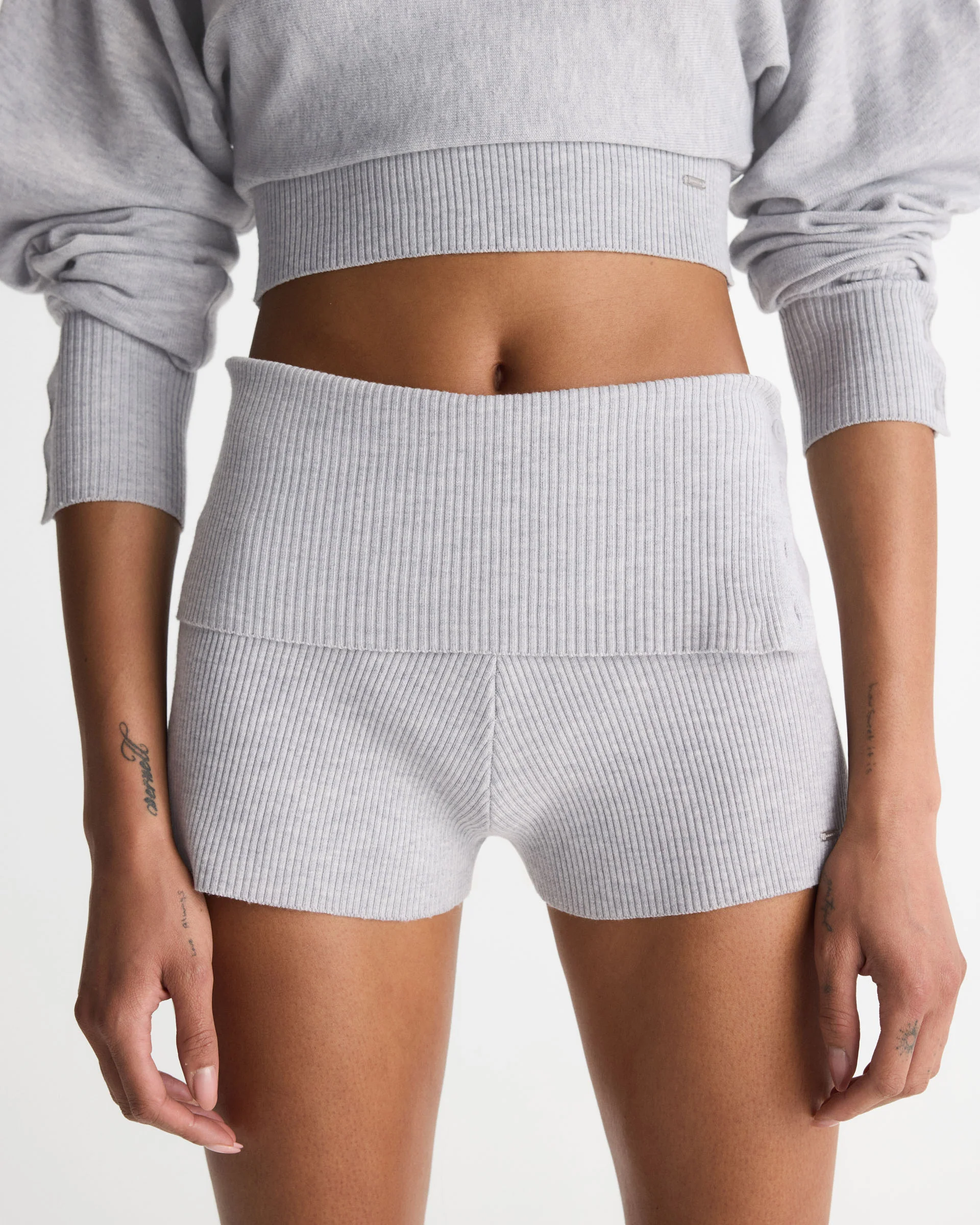 Knit Fold Over Rib Shorts - Light Grey Melange - Image 3