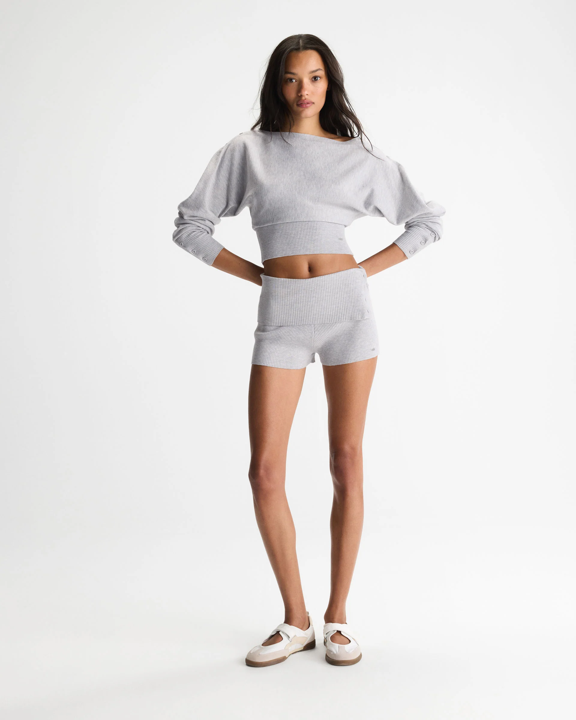 Knit Fold Over Rib Shorts - Light Grey Melange - Image 5