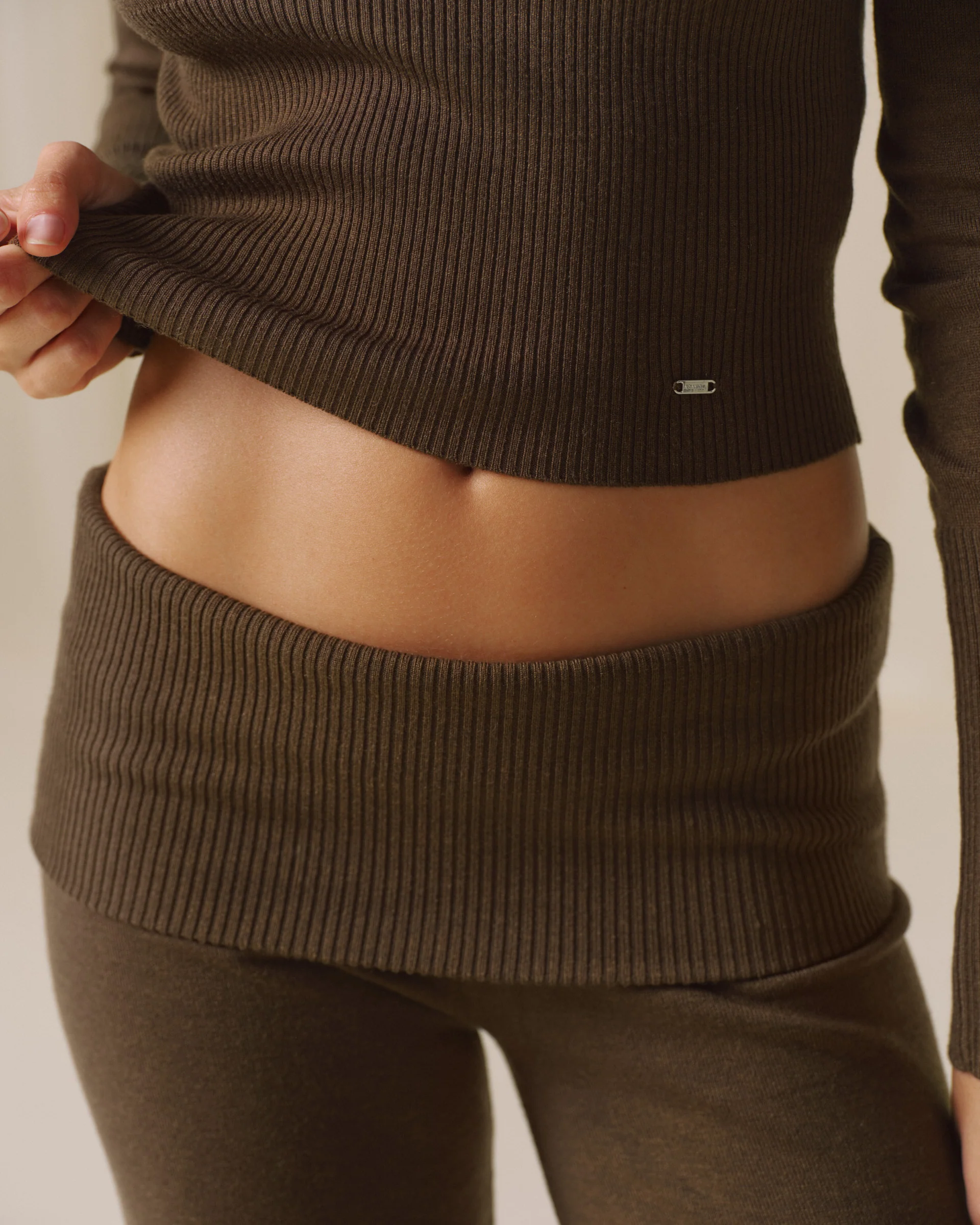 Knit Fold Over Trousers - Dark Mocha Brown - Image 3