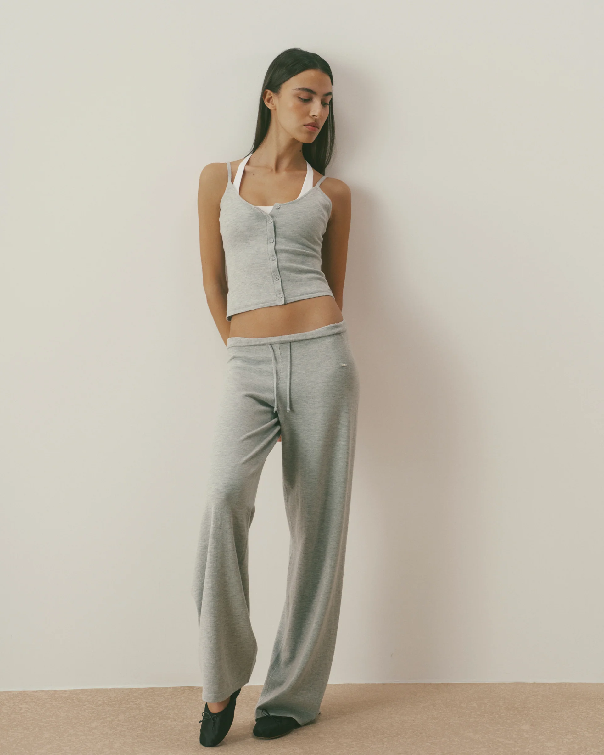 Knit Low Rise Straight Leg Pants - Grey Melange - Image 3