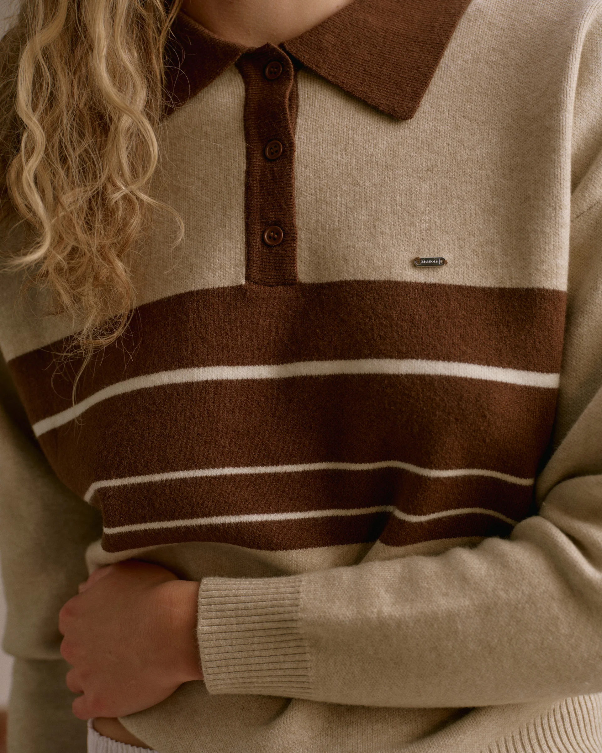 Knit Striped Rugby Sweatshirt - Beige/Brown - Image 3