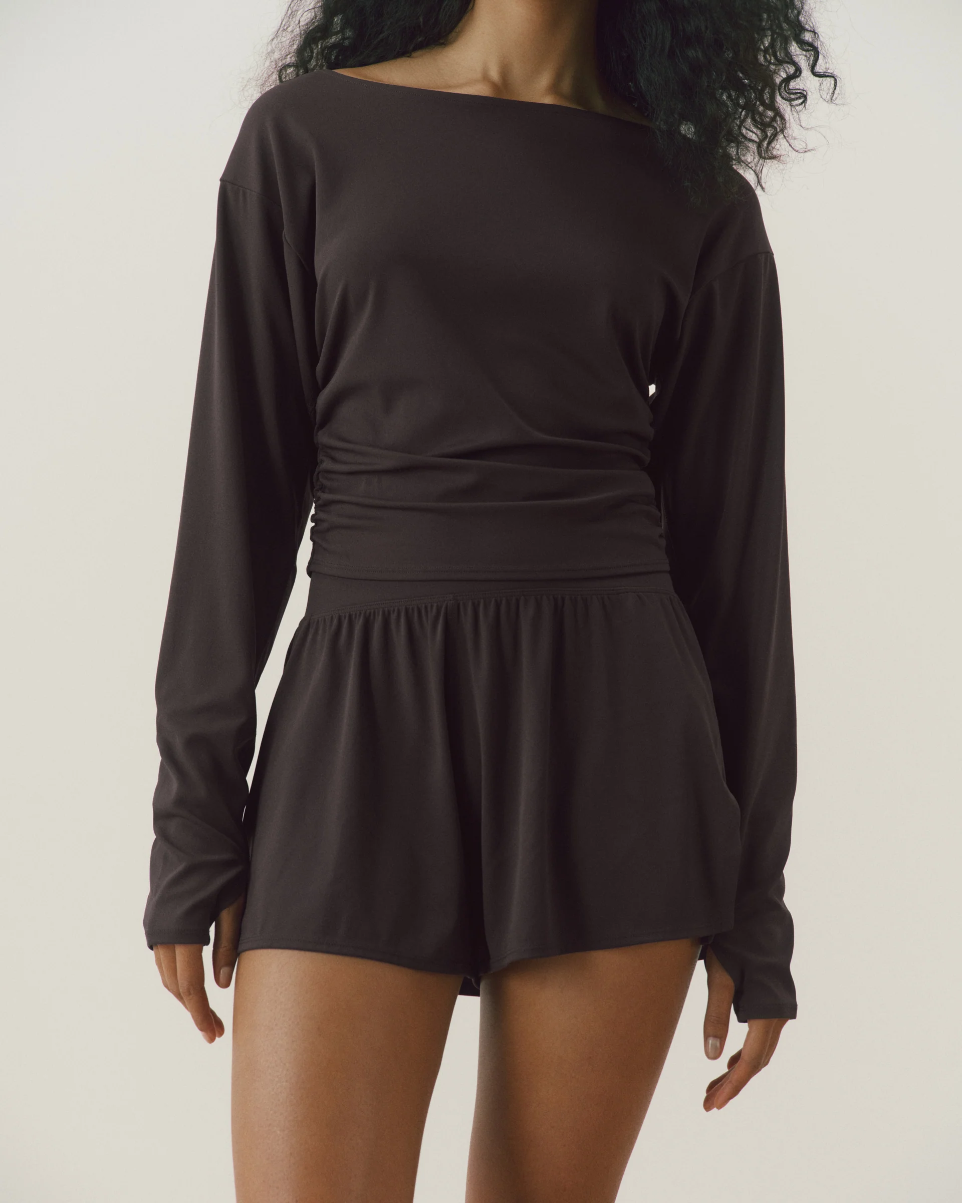 Long Sleeve Ruched Side Top - Coffee Bean - Image 4