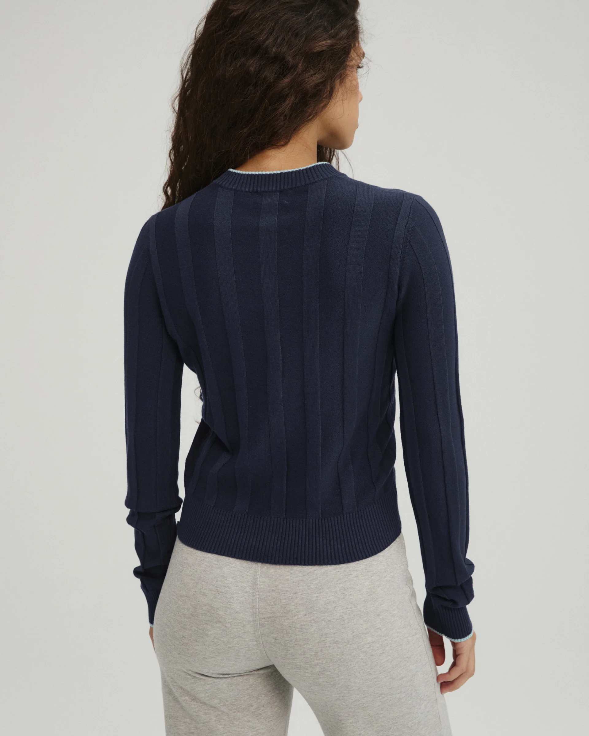 Rib Knit Contrast Tipping Cardigan - Navy Blue/Ocean Blue - Image 2