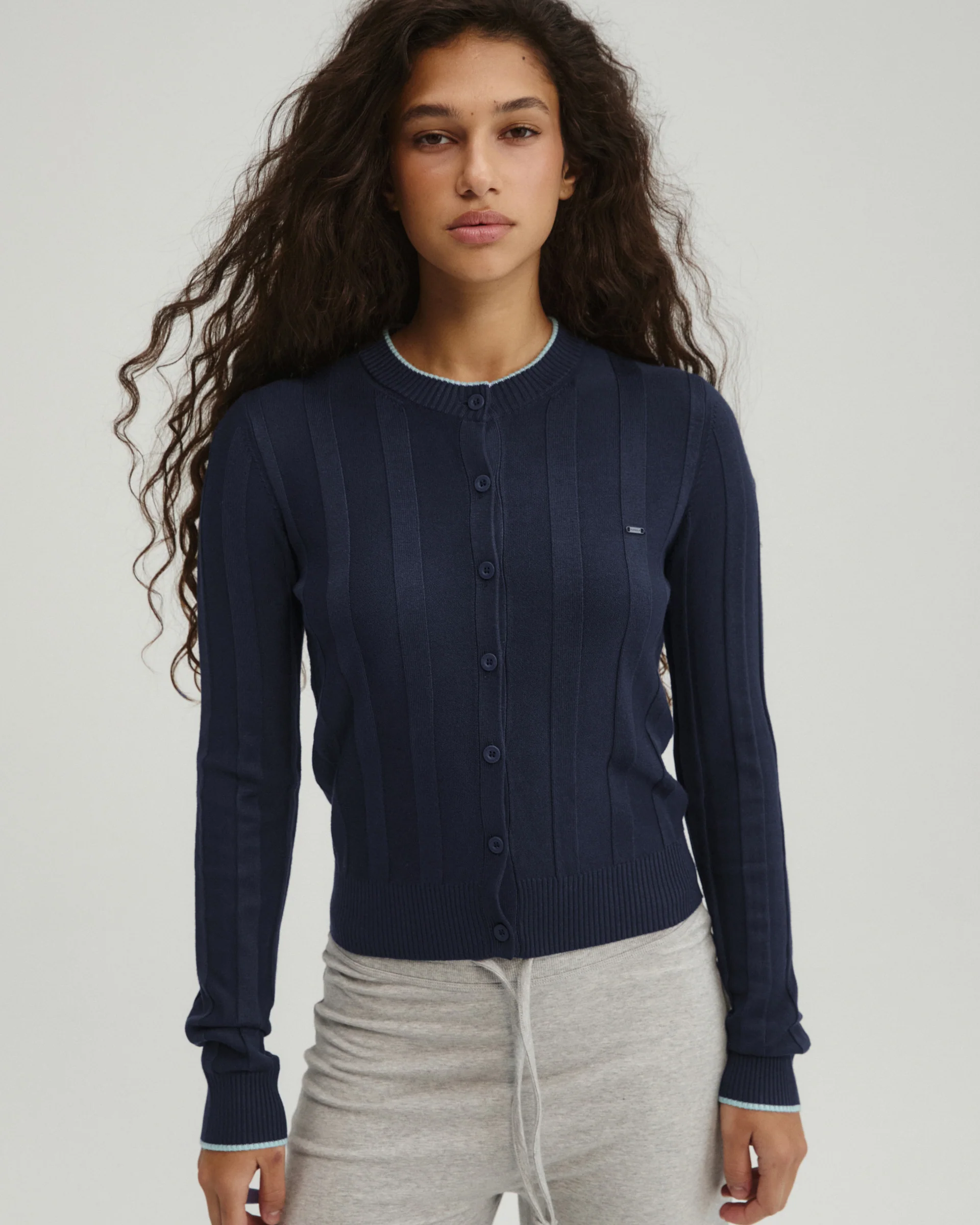 Rib Knit Contrast Tipping Cardigan - Navy Blue/Ocean Blue - Image 4