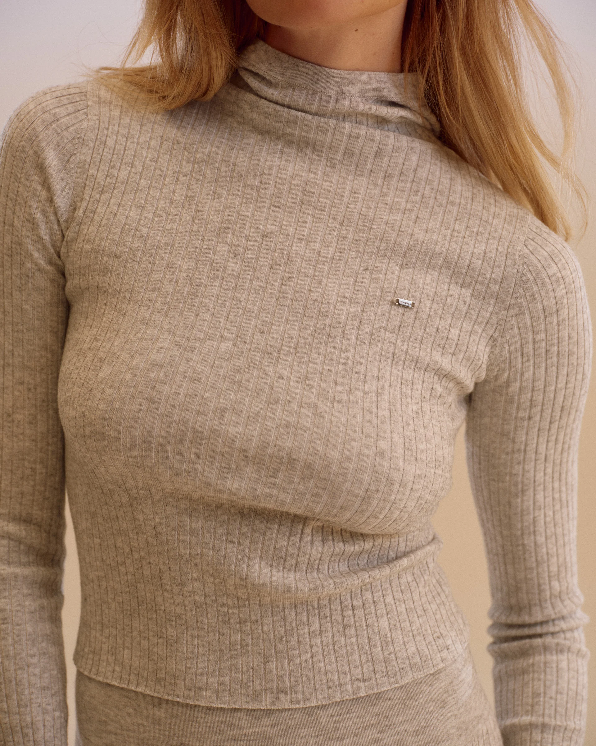 Rib Knit Merino Blend Hooded Top - Light Grey Melange - Image 3
