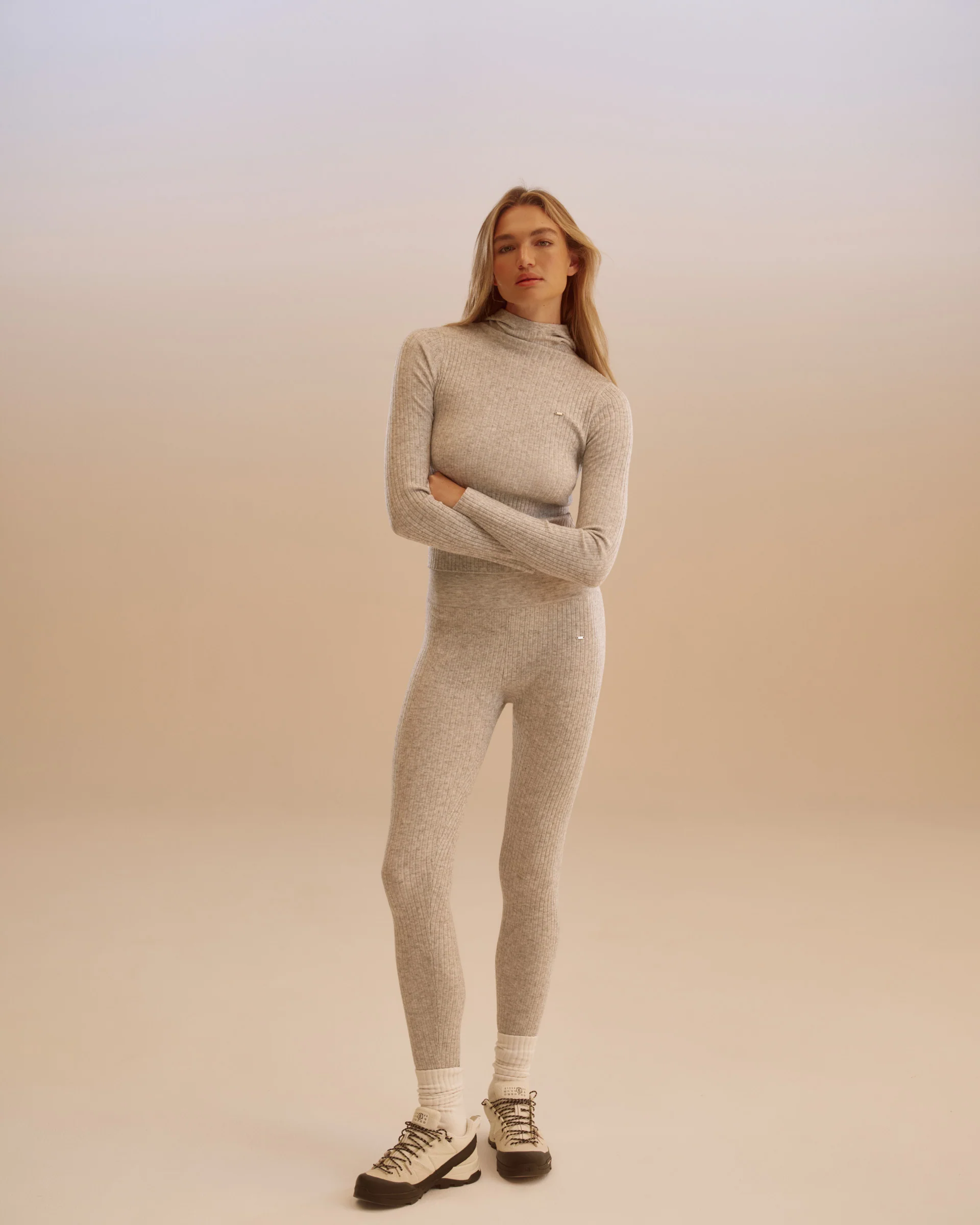 Rib Knit Merino Blend Leggings - Light Grey Melange - Image 2