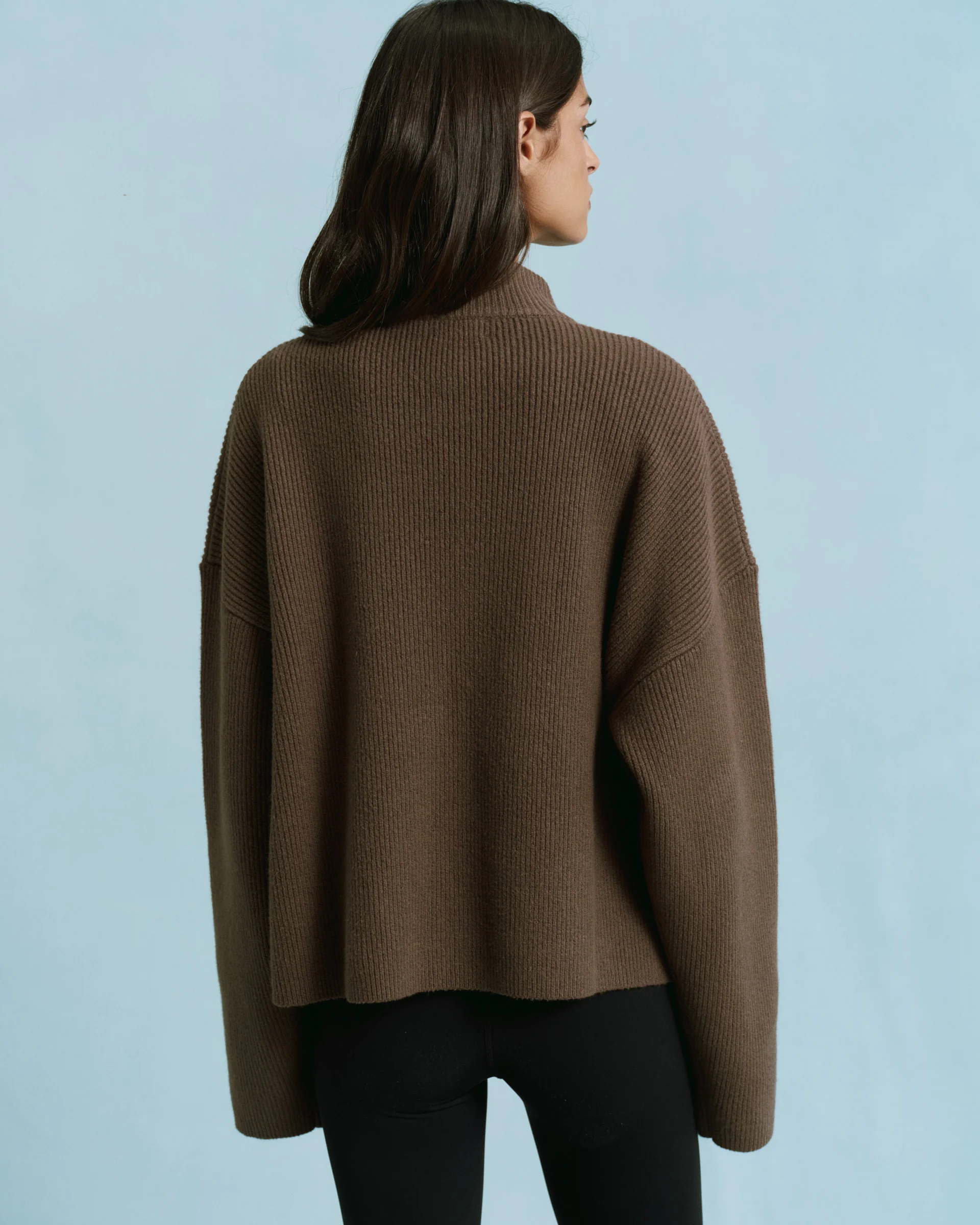 Ribbed Zip Through Knit Sweatshirt - Dark Cocoa Brown - Image 2