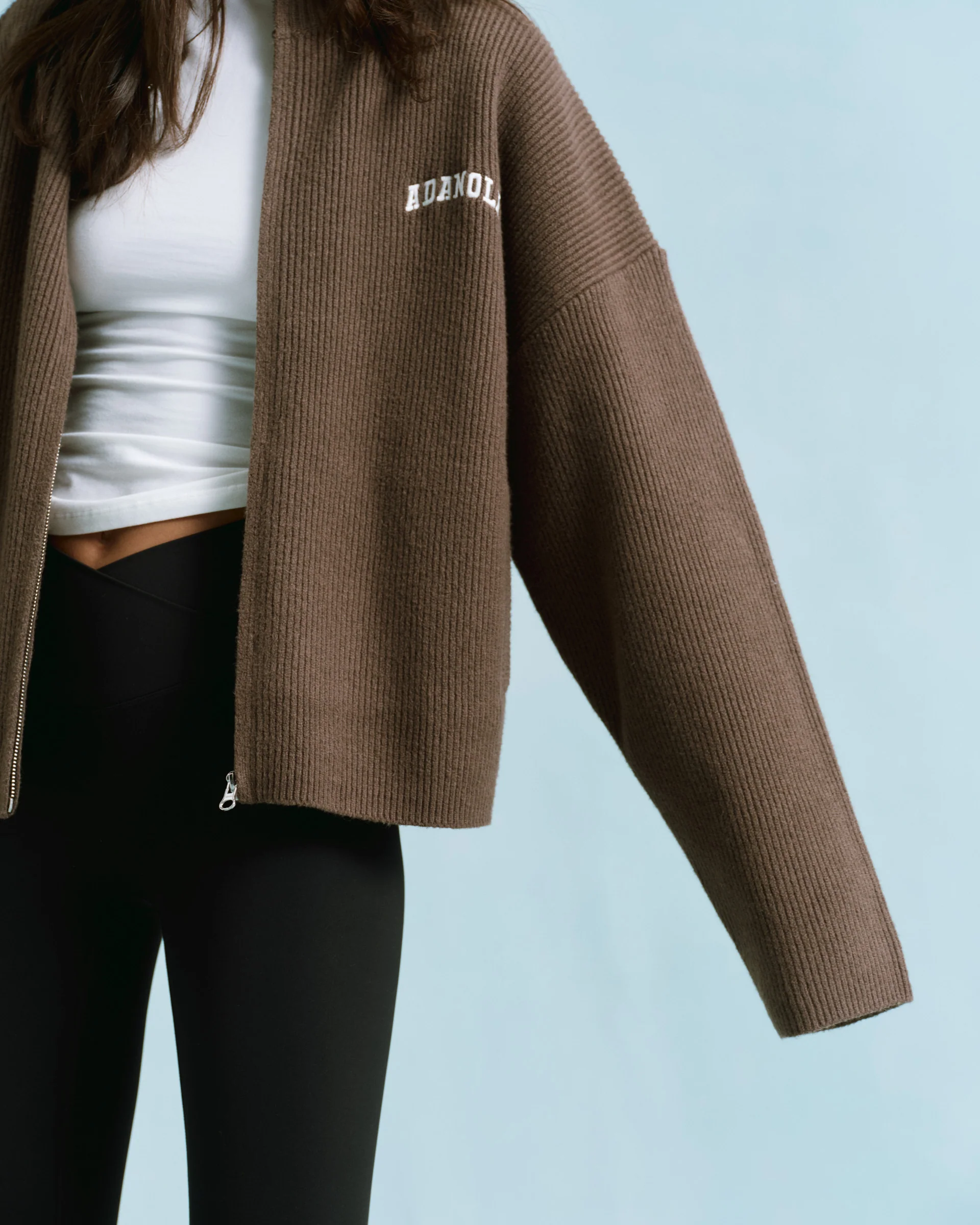Ribbed Zip Through Knit Sweatshirt - Dark Cocoa Brown - Image 3