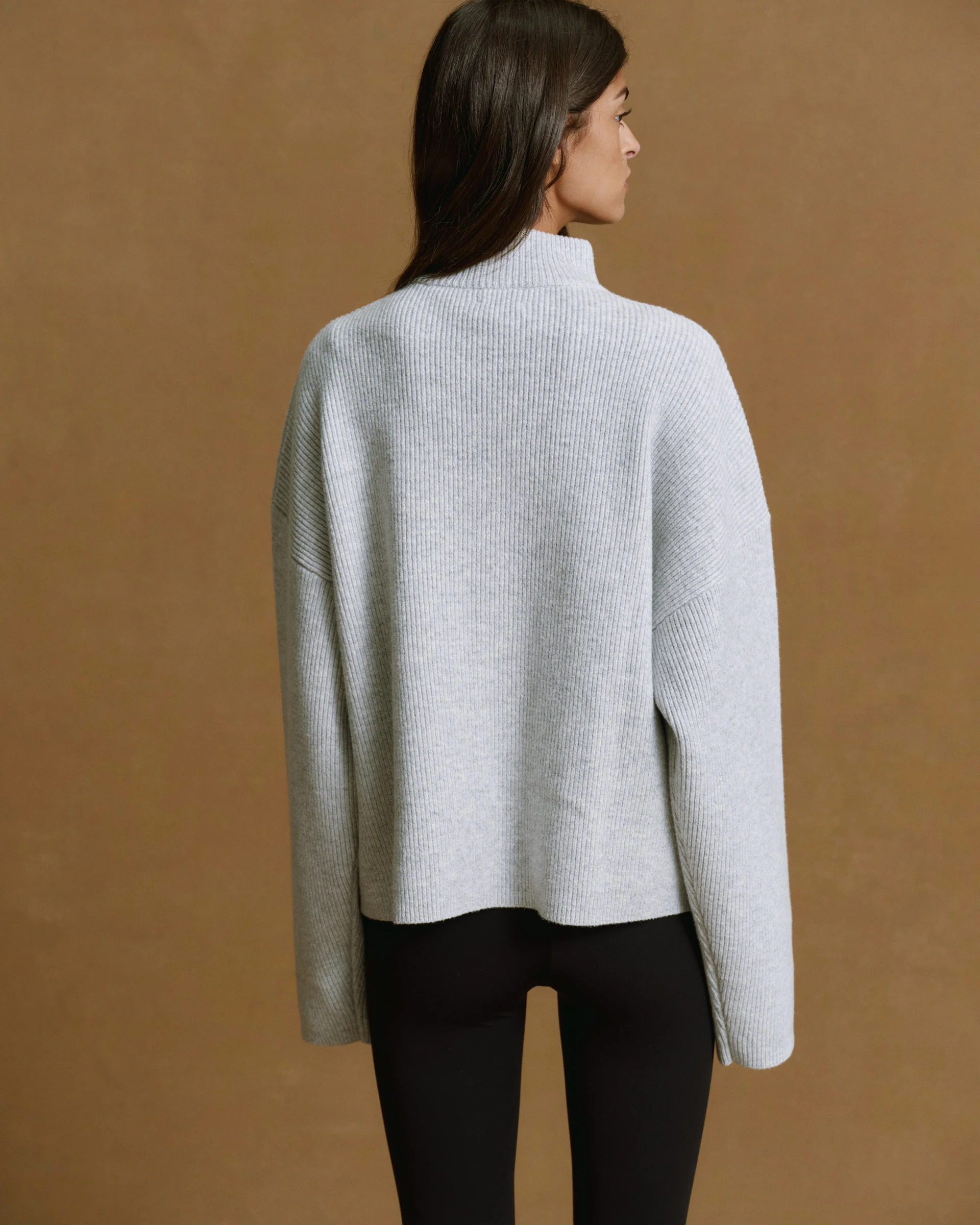 Ribbed Zip Through Knit Sweatshirt - Light Grey Melange/Burgundy - Image 2