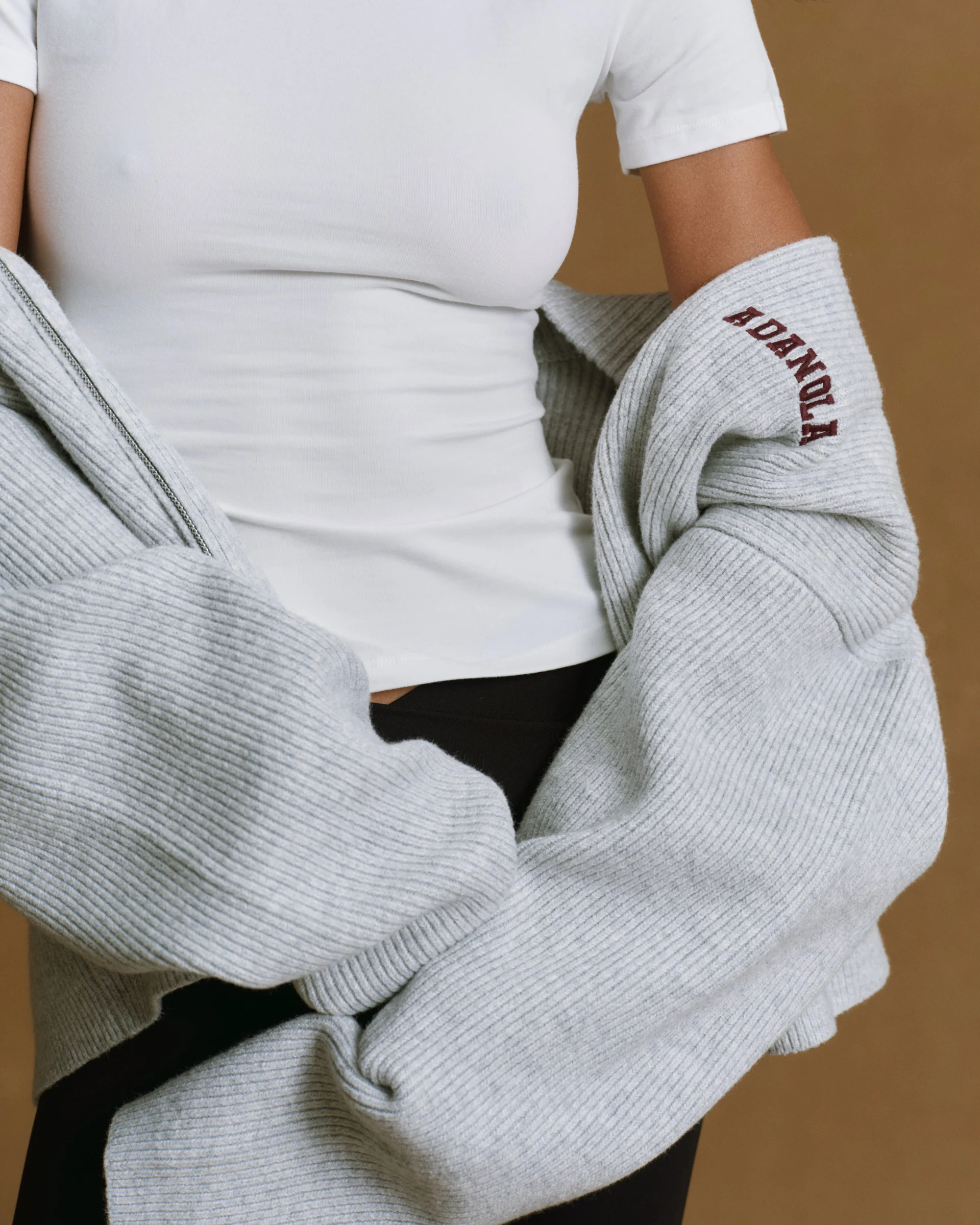 Ribbed Zip Through Knit Sweatshirt - Light Grey Melange/Burgundy - Image 3