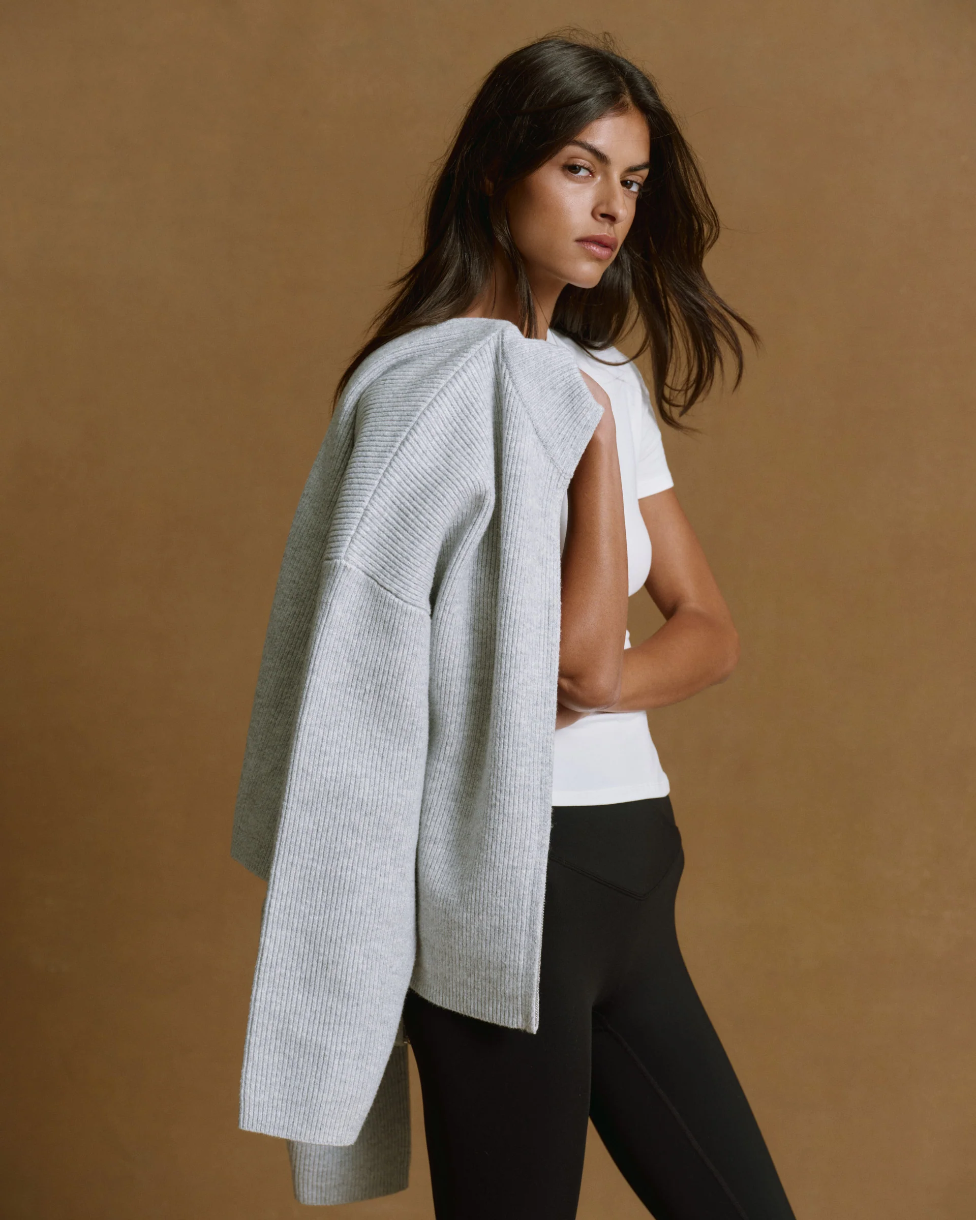 Ribbed Zip Through Knit Sweatshirt - Light Grey Melange/Burgundy - Image 4