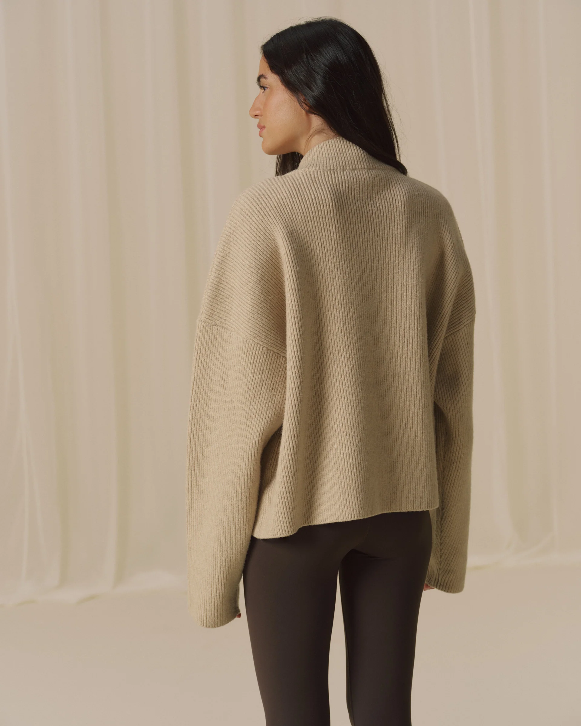 Ribbed Zip Through Knit Sweatshirt - Oatmeal/Marshmallow White - Image 2