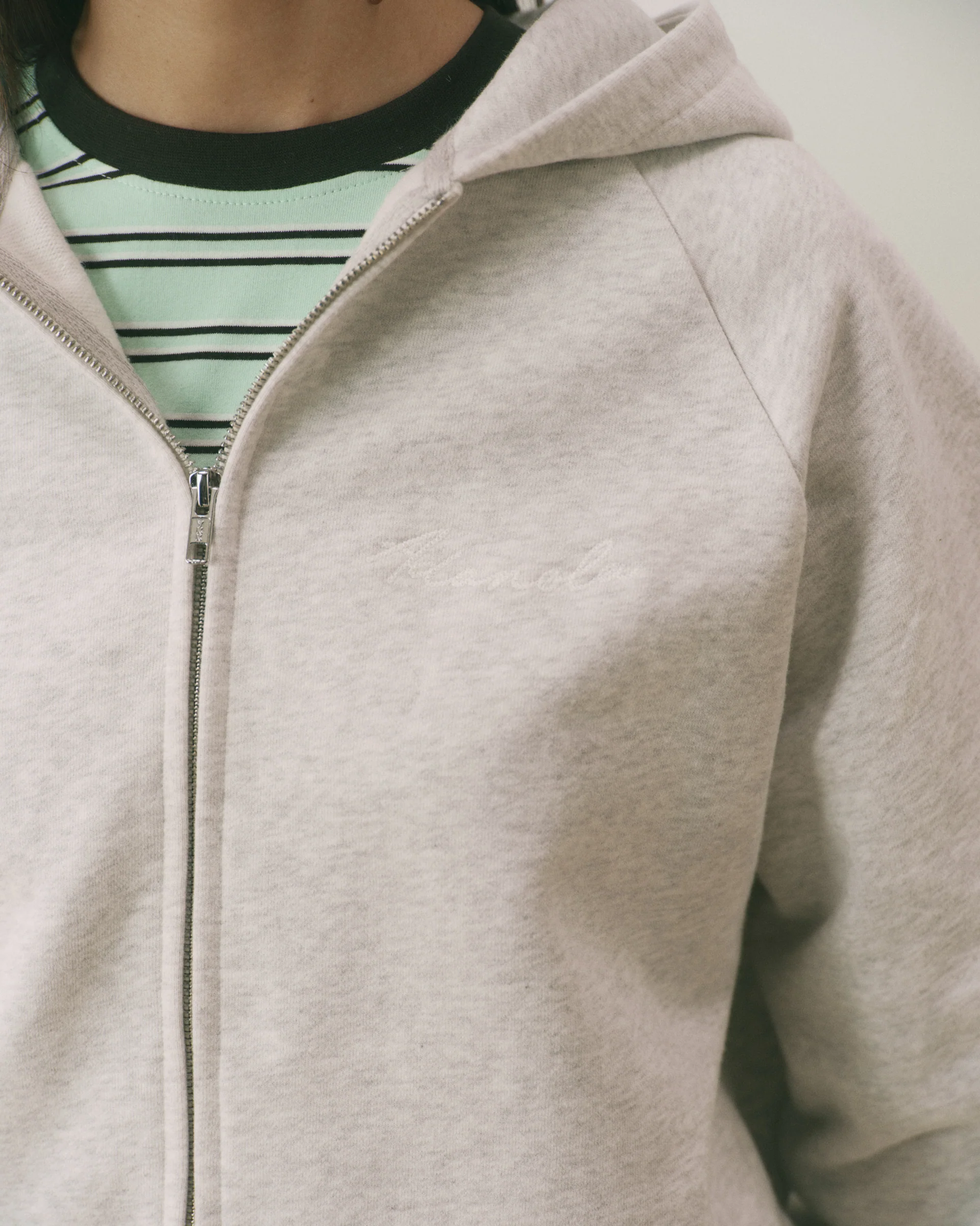 Signature Loose Fit Zip Through Hoodie - Light Grey Melange/Marshmallow White - Image 3