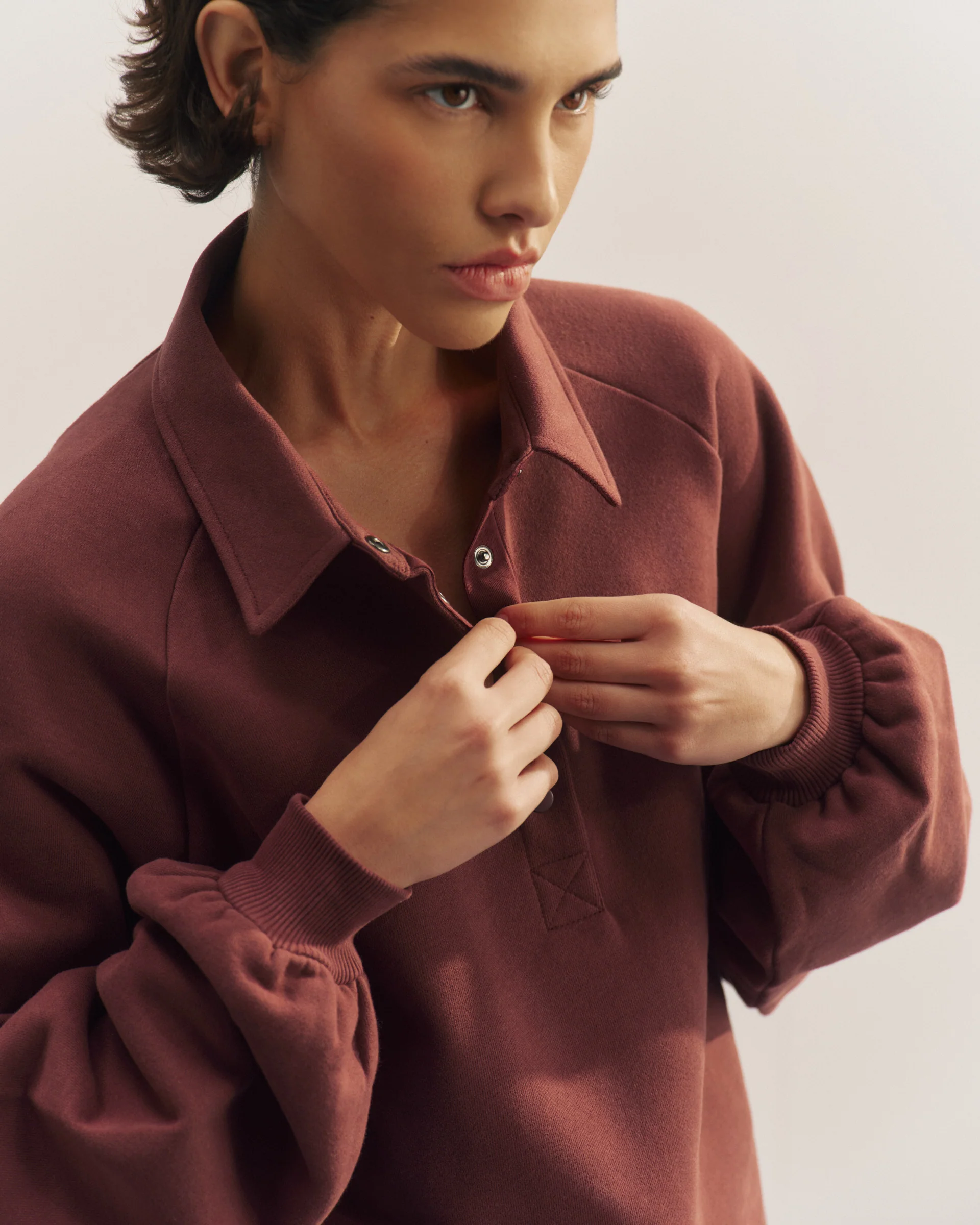 Slouchy Button Up Sweatshirt - Burgundy - Image 3