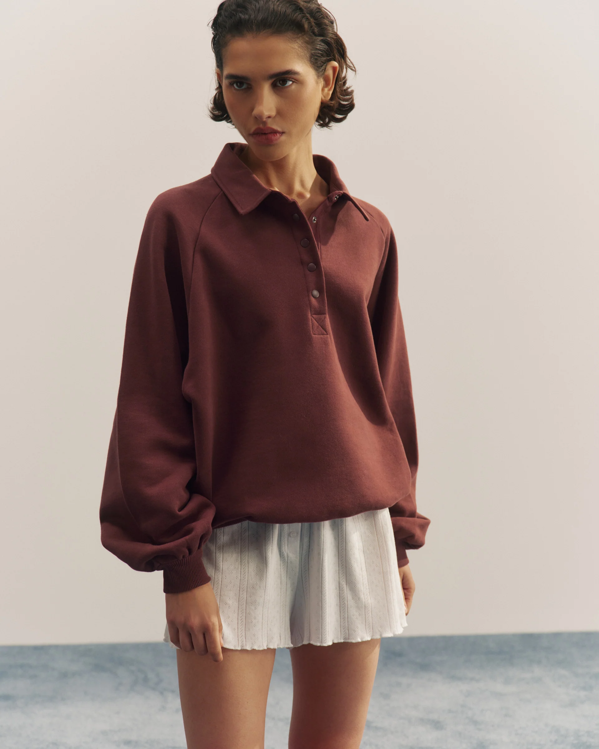 Slouchy Button Up Sweatshirt - Burgundy - Image 5