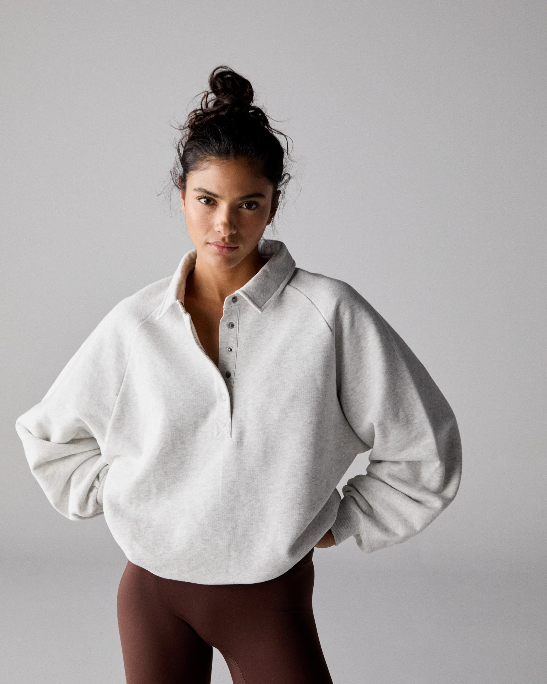 Slouchy Button Up Sweatshirt - Light Grey Melange - Image 4