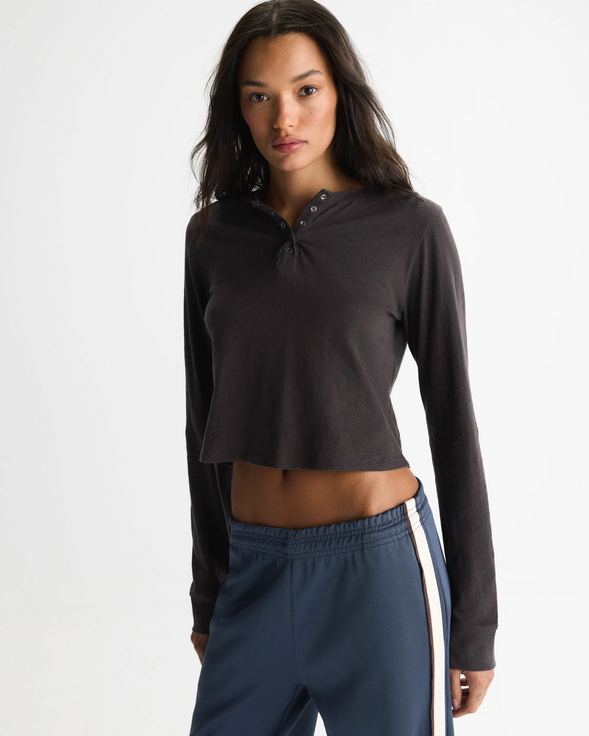 Slub Long Sleeve Button Up Lounge Top - Coffee Bean - Image 3