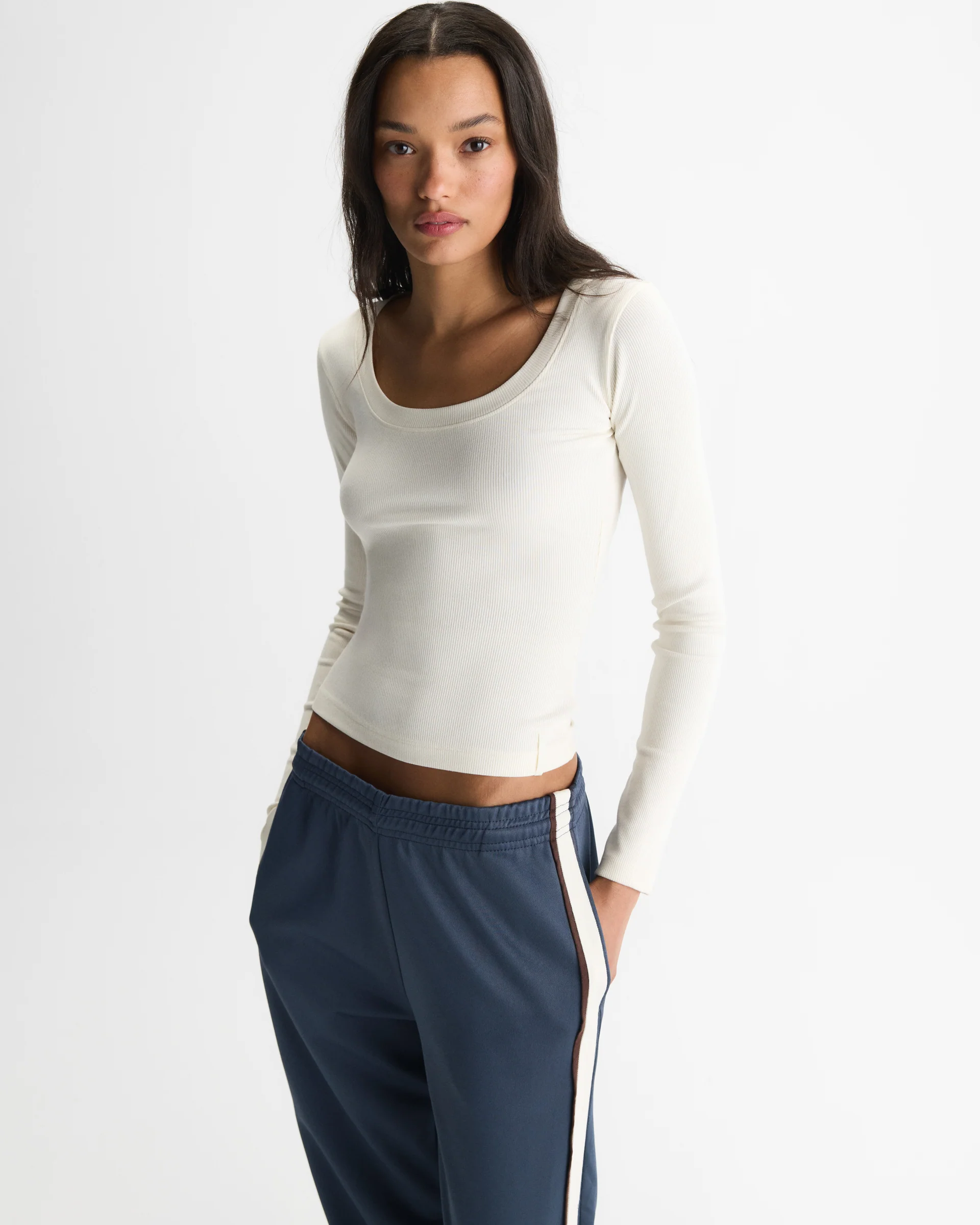 Soft Modal Rib Scoop Neck Long Sleeve Top - Marshmallow White - Image 5