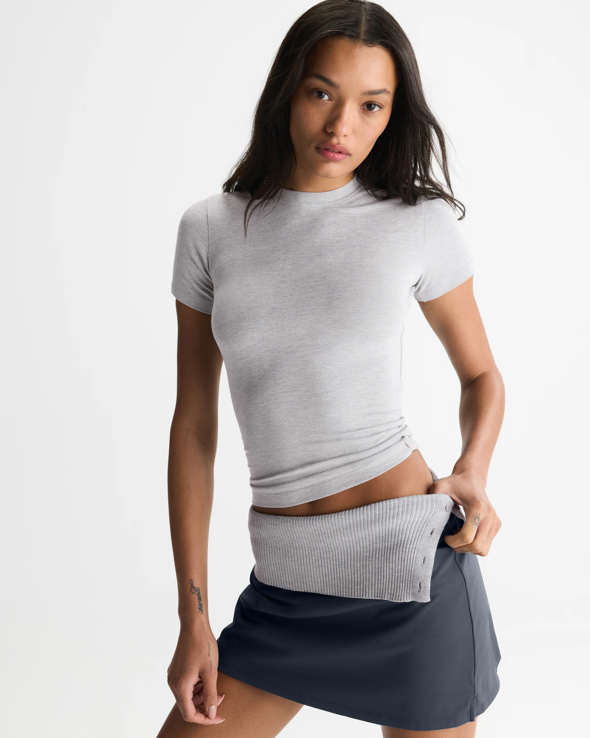 Soft Modal Short Sleeve Top - Light Grey Melange - Image 5