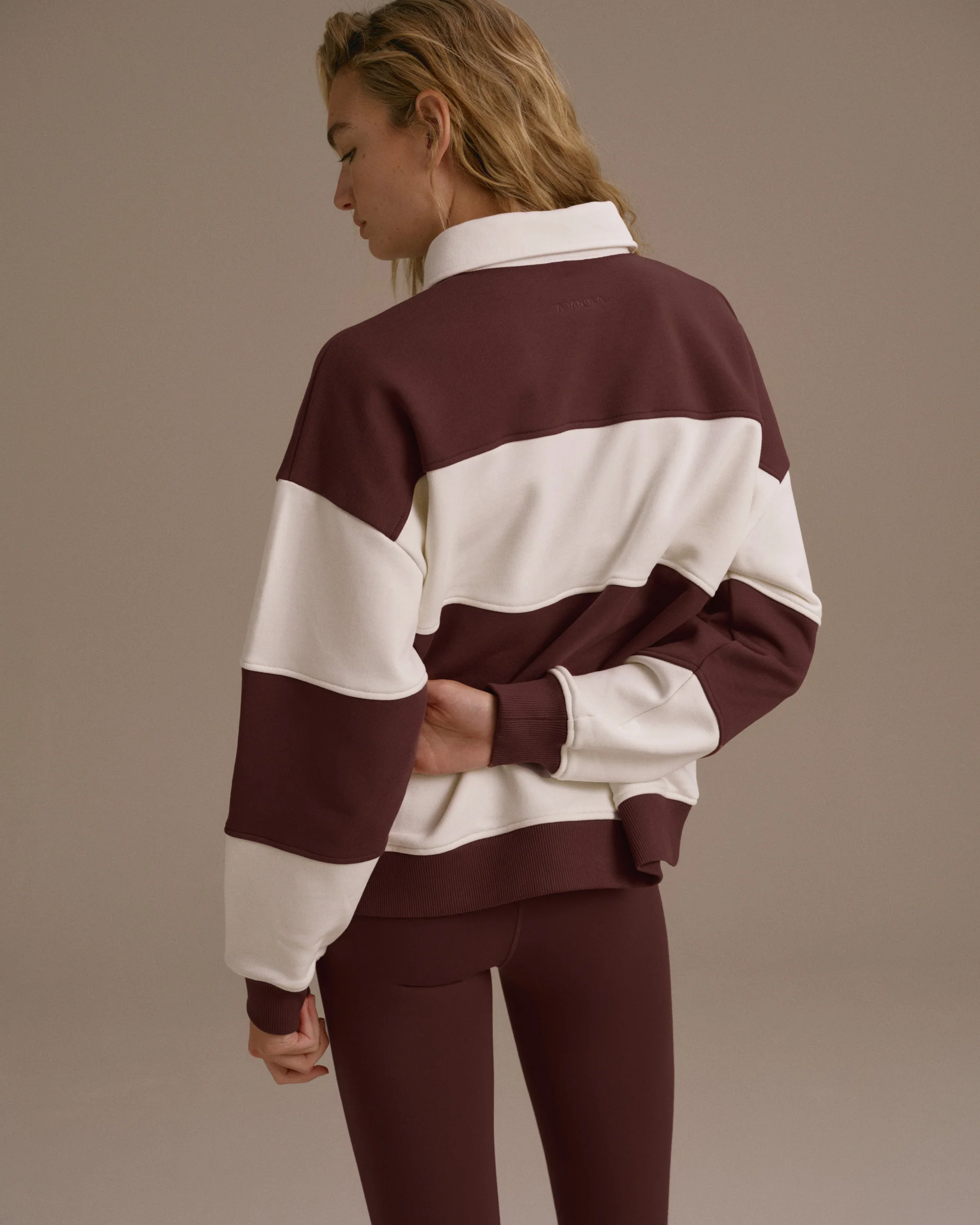 Stripe Oversized Henley Sweatshirt - Burgundy/Marshmallow White - Image 2