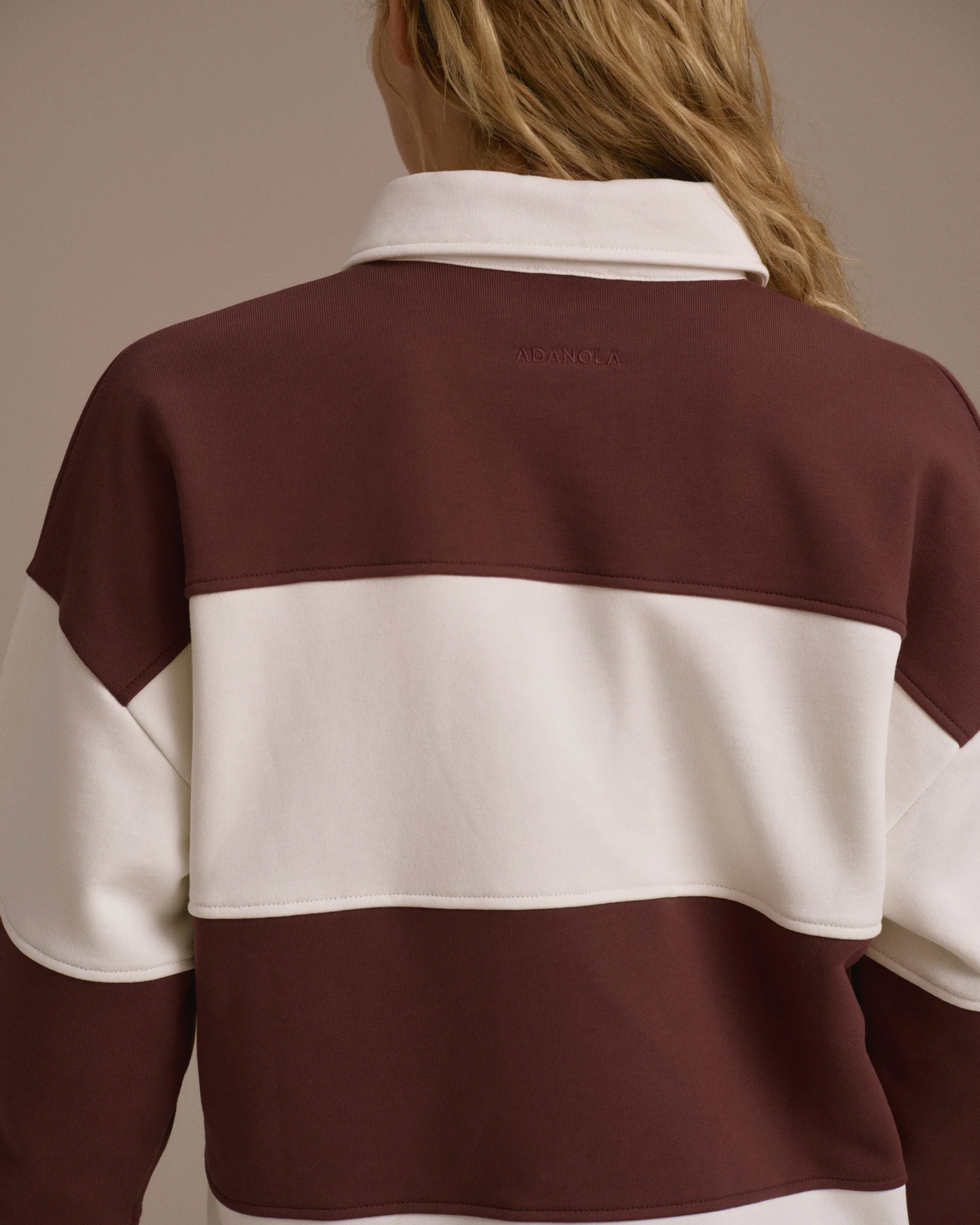 Stripe Oversized Henley Sweatshirt - Burgundy/Marshmallow White - Image 3