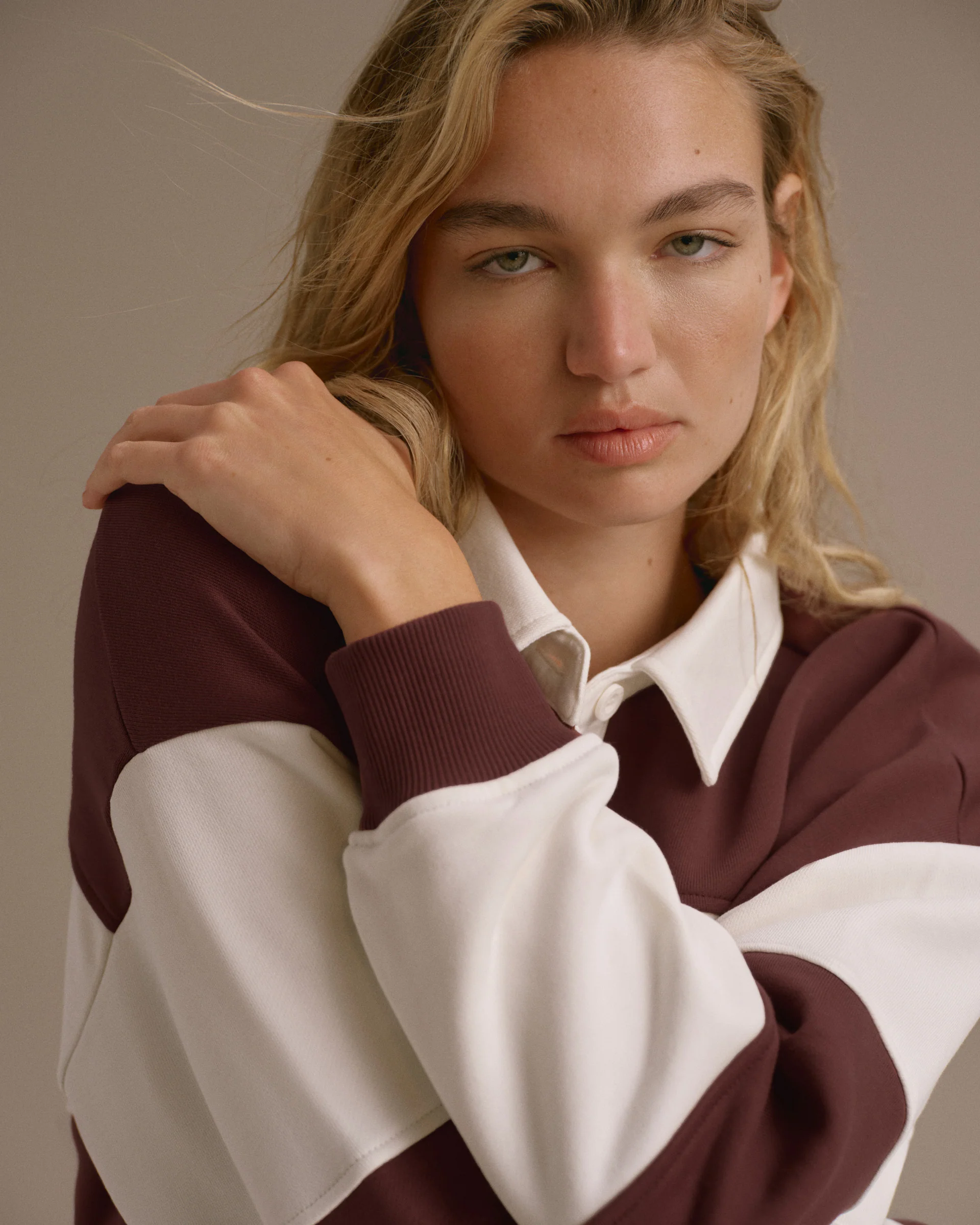 Stripe Oversized Henley Sweatshirt - Burgundy/Marshmallow White - Image 4