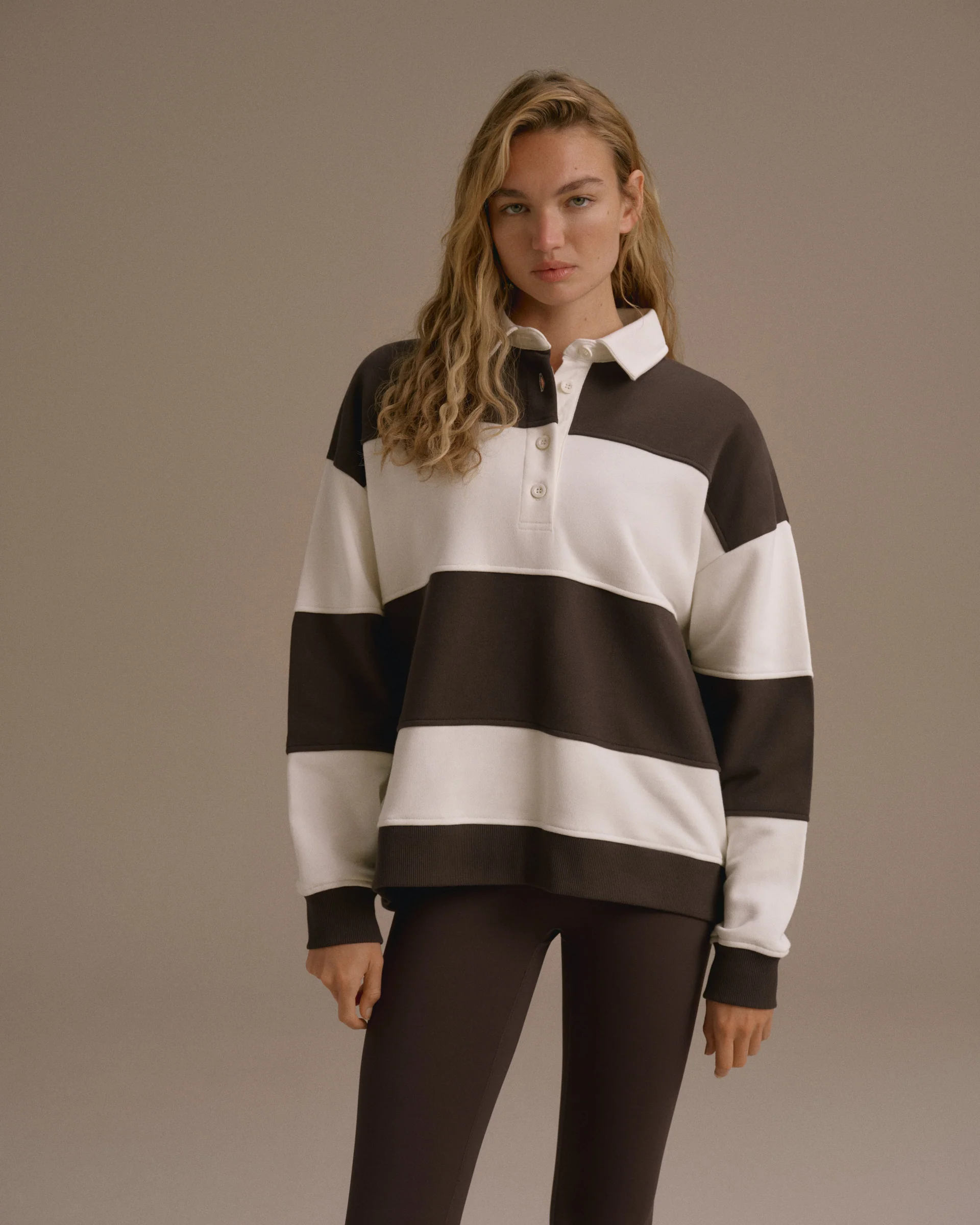 Stripe Oversized Henley Sweatshirt - Coffee Bean/Marshmallow White - Image 5