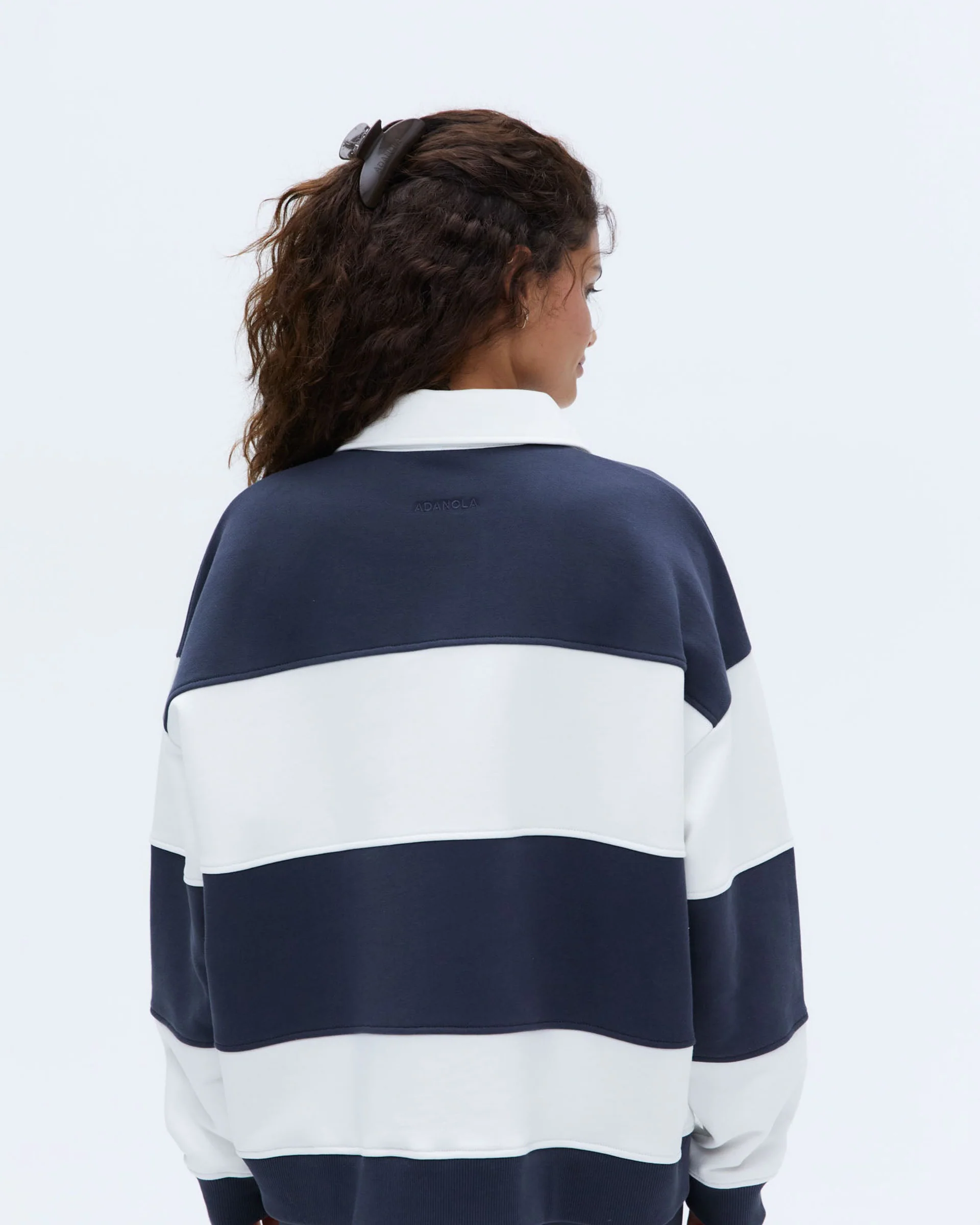 Stripe Oversized Henley Sweatshirt - Midnight Blue/Marshmallow White - Image 2