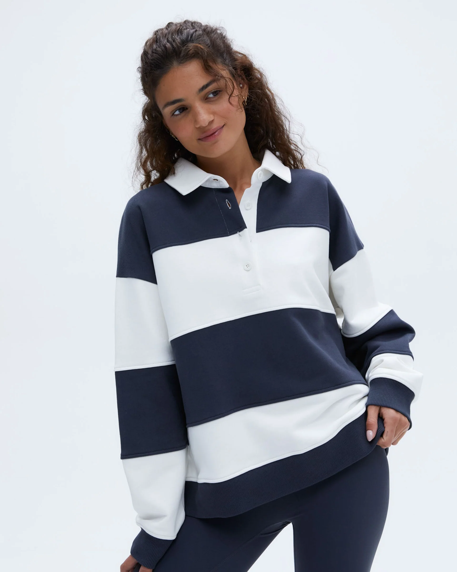 Stripe Oversized Henley Sweatshirt - Midnight Blue/Marshmallow White - Image 4
