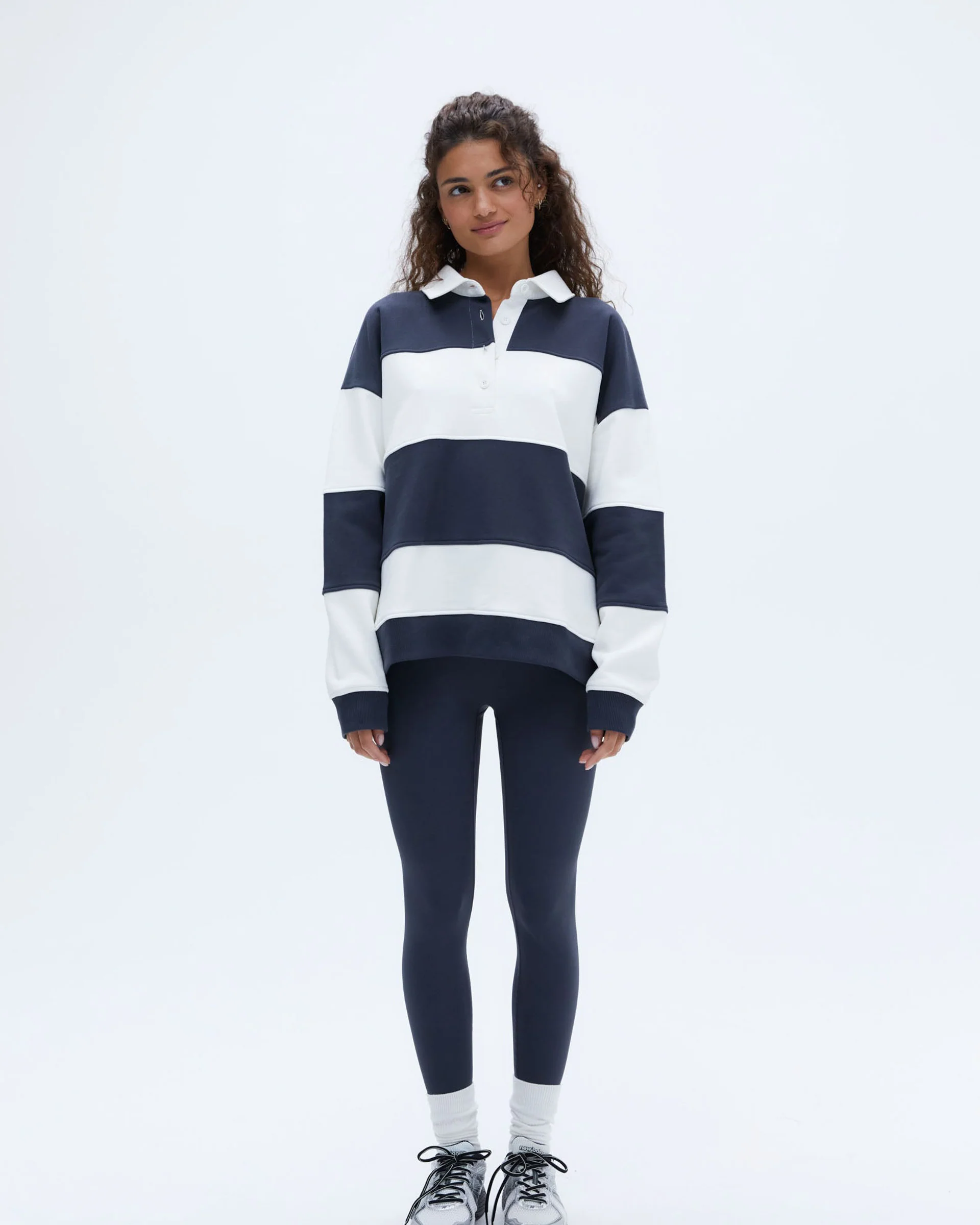 Stripe Oversized Henley Sweatshirt - Midnight Blue/Marshmallow White - Image 5