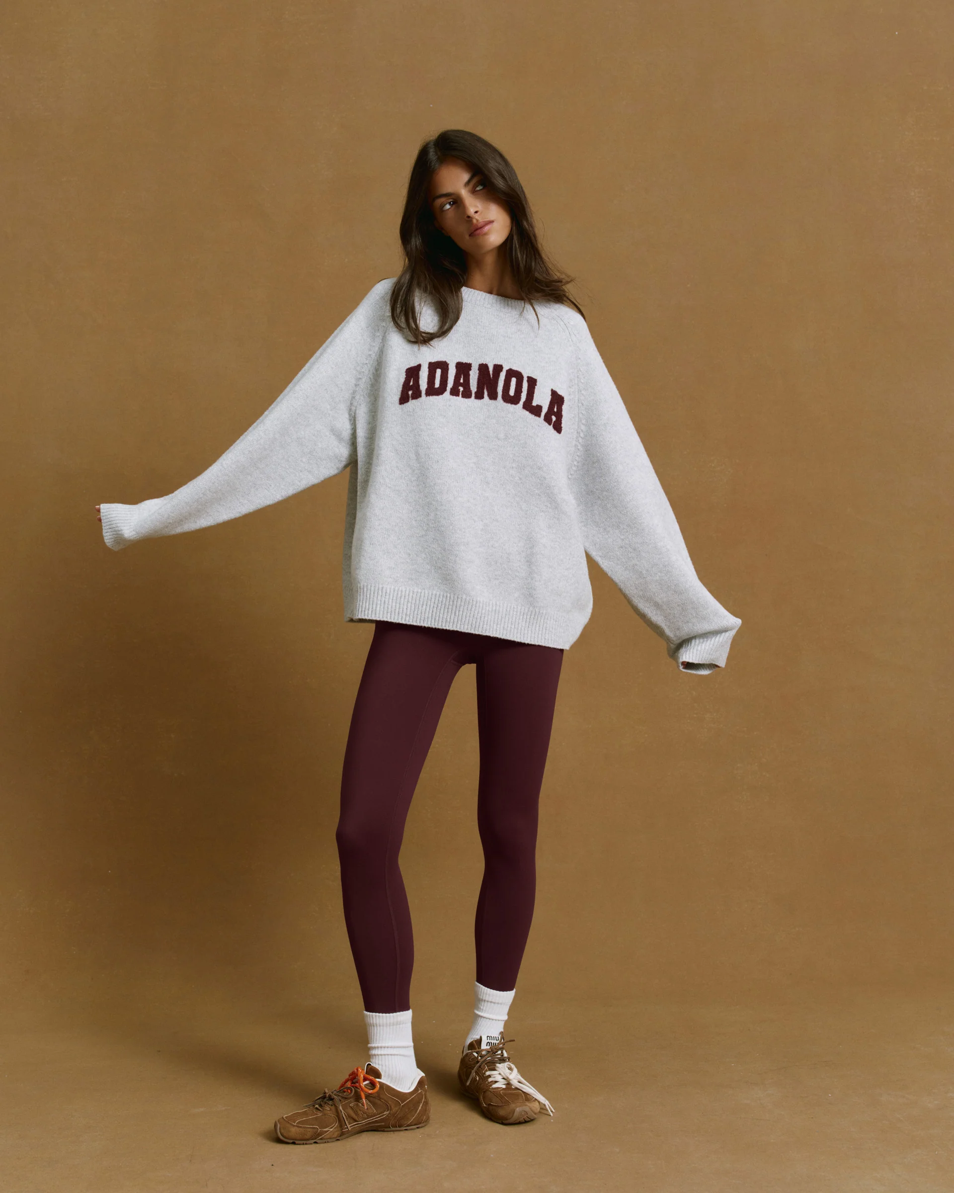 Varsity Boucle Oversized Knit Sweatshirt - Light Grey Melange/Burgundy - Image 4