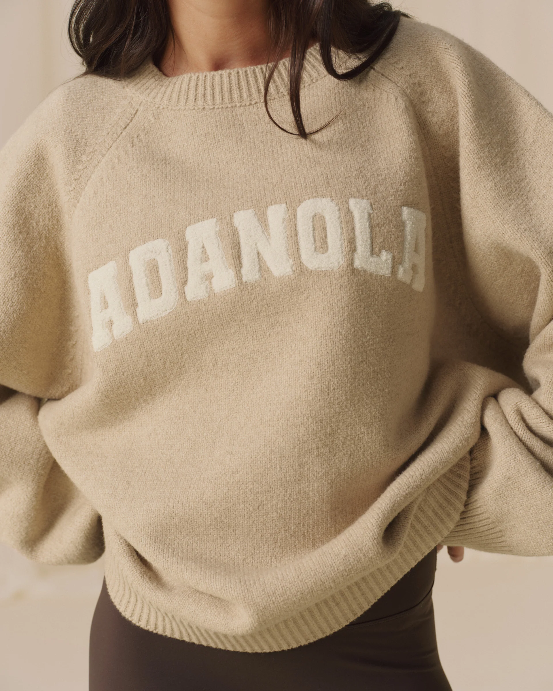 Varsity Boucle Oversized Knit Sweatshirt - Oatmeal/Marshmallow White - Image 3